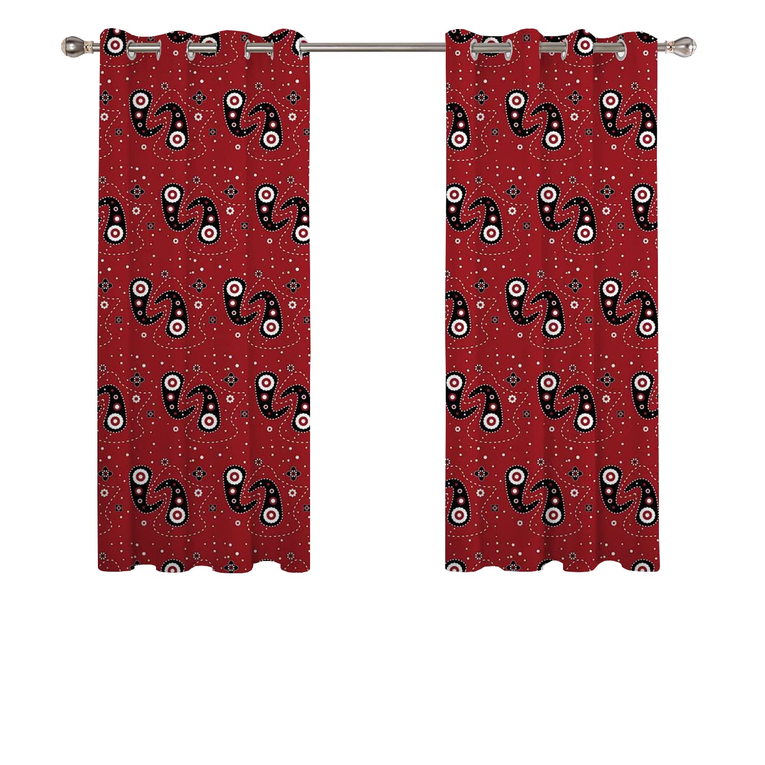 Red & Black Blackout Curtains - Asian Paisley Mandala Print with Floral Dots - Soundproof Thermal Insulated Room Darkening Drapes 55x63 inches - Perfect for Nursery, Bedroom & Home Theater