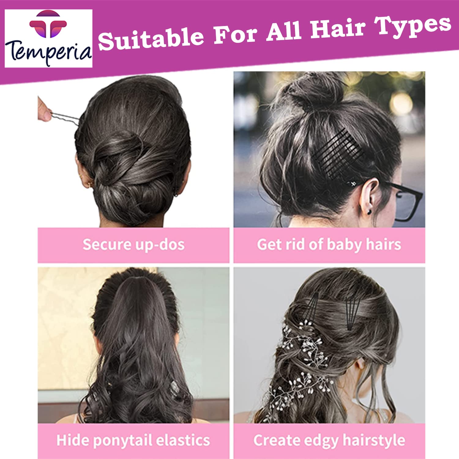 Temperia Bobby Hair Pins for Women & Girls - 100 Pack Small Hair Clips (5cm) | Stylish Hairpins for Hairstyling, Updos & Braids | Hair Accessories for Daily Use, Weddings & Parties (Black)