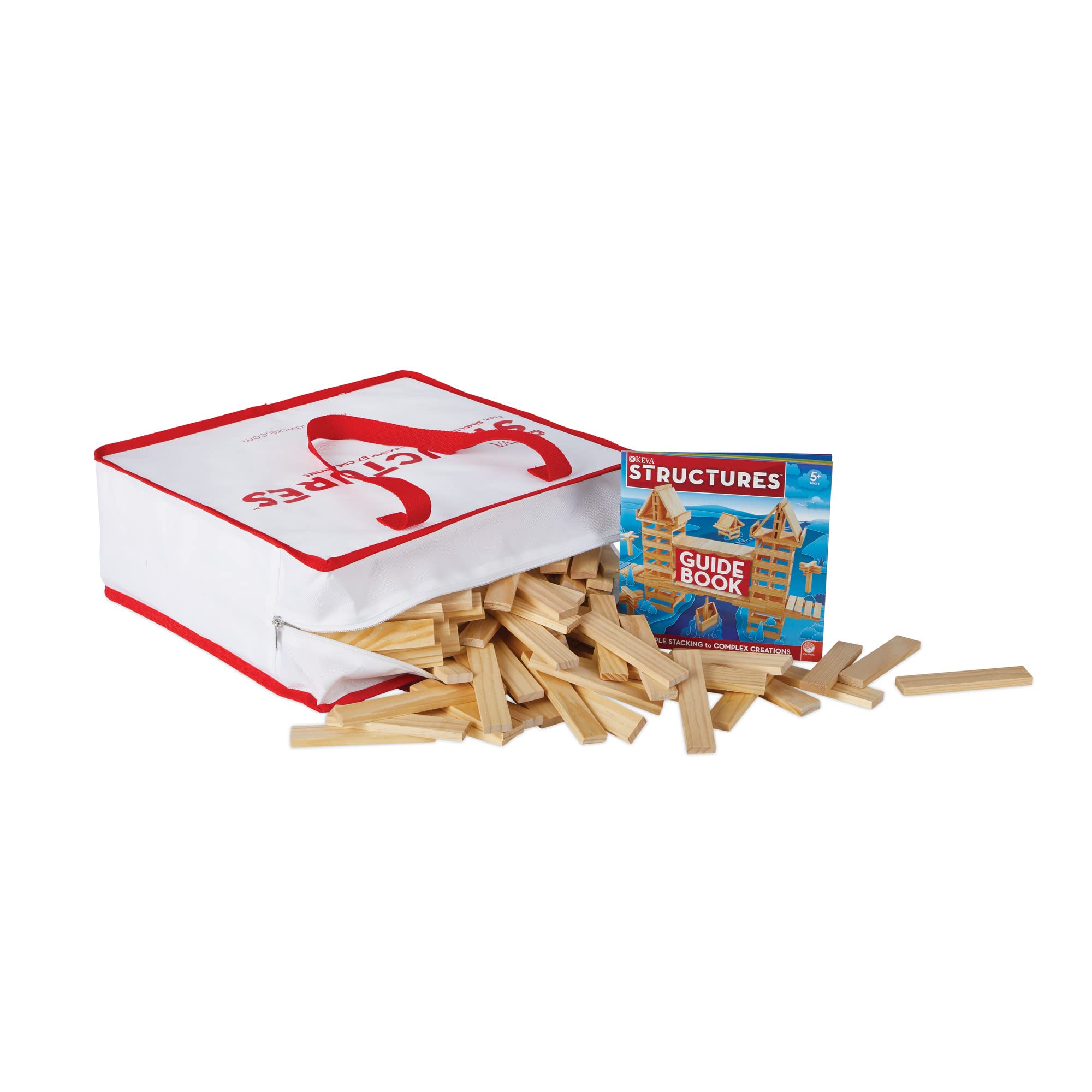 MindWare KEVA Structures 400 Plank Wooden Building Blocks Set - 400 Pine KEVA Planks with Canvas Storage Bag & Idea Book | STEM Educational Toys for Kids, Creative Building & Architecture Play