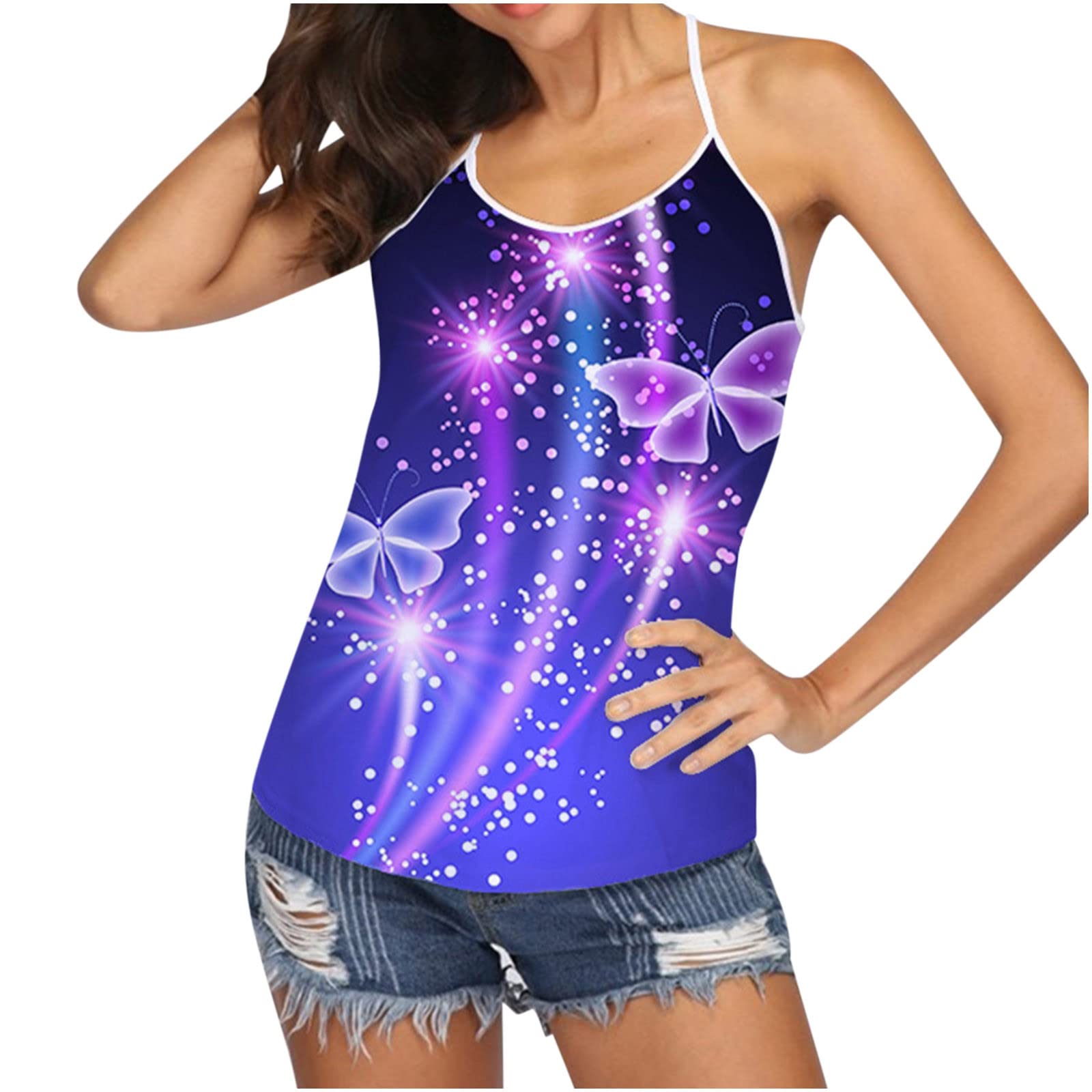 Women's Summer Sleeveless Crewneck Shirts - Butterfly Print Tank Tops, Dressy Casual Cami Tops, Soft Comfortable Tees for Beach, Vacation & Everyday Wear
