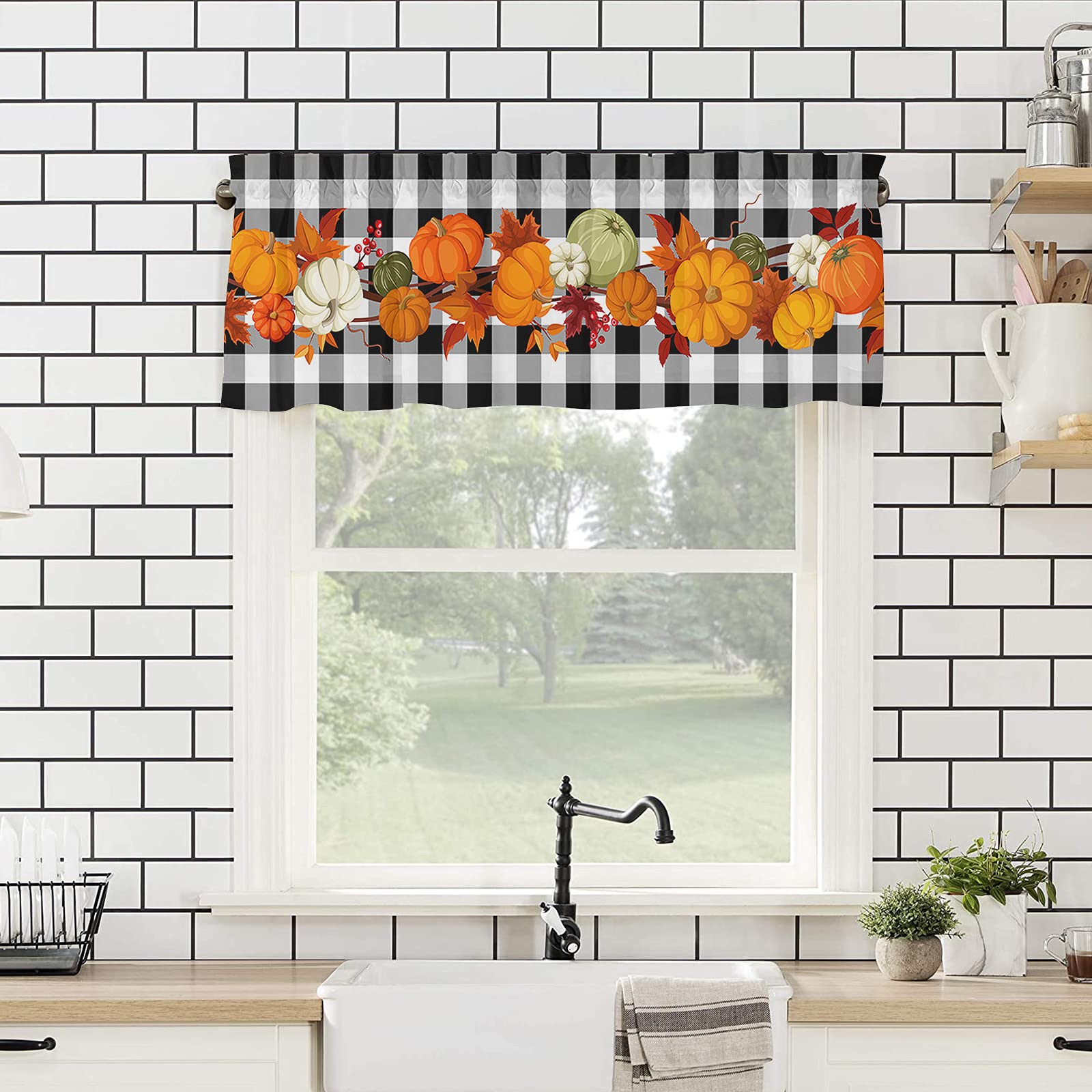 Thanksgiving Pumpkin Maple Leaves Buffalo Plaid Black White Valance Window Curtains - 54x18 Inch Rod Pocket Panel for Kitchen, Bedroom, Dining Room & Living Room Windows - Seasonal Home Decor for Fall & Autumn