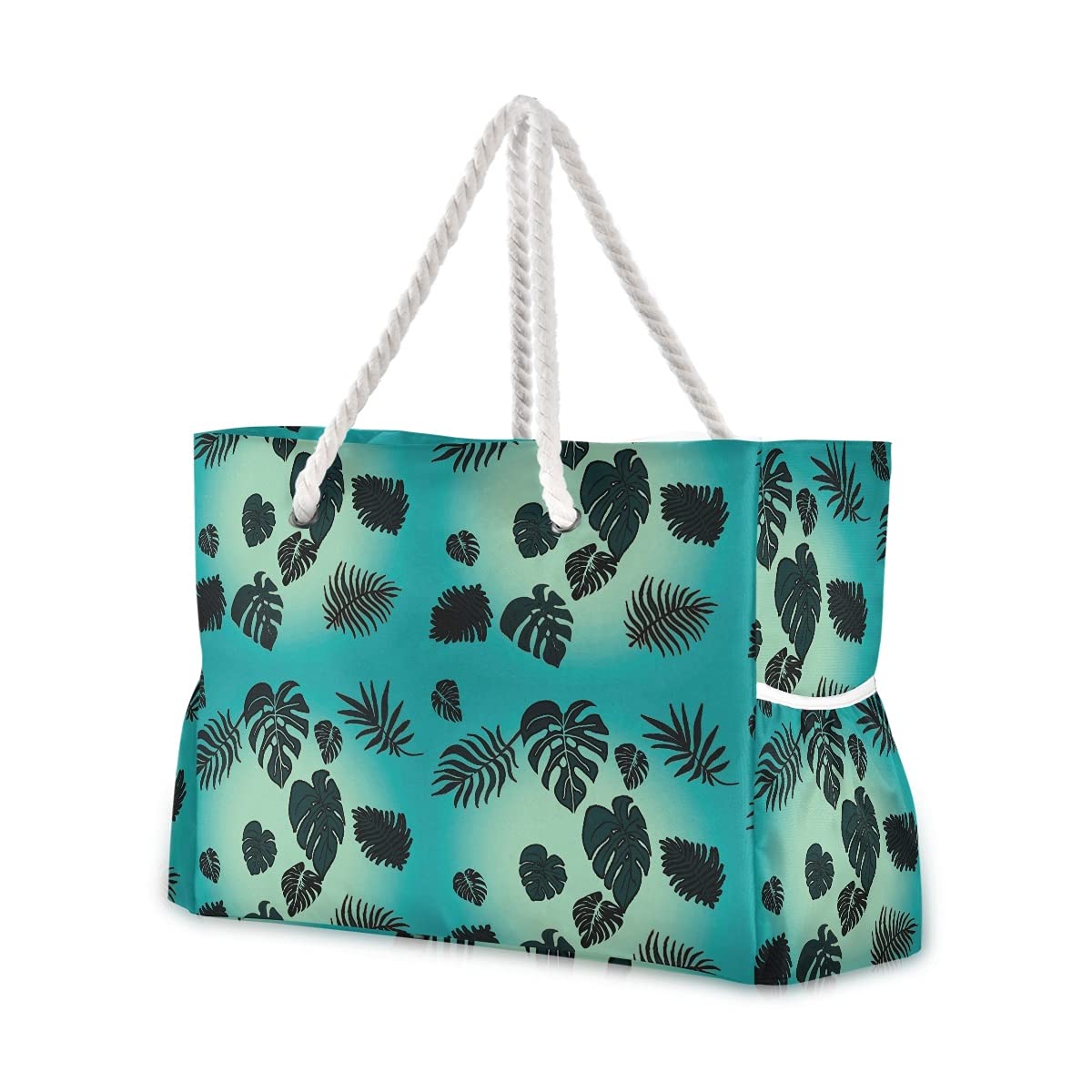 SUABO Large Tropical Green Leaves Beach Tote Bag for Women - Cotton Rope Handle Travel Shoulder Bag - Perfect for Beach Vacations, Pool Parties & Summer Outings