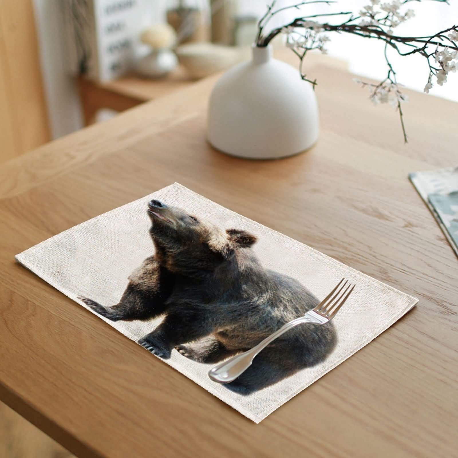 Hoisy Premium Linen Table Mats - Set of 2 Black Bear Design, 32x45cm, Elegant Dining Room Decor for Everyday Meals & Special Occasions