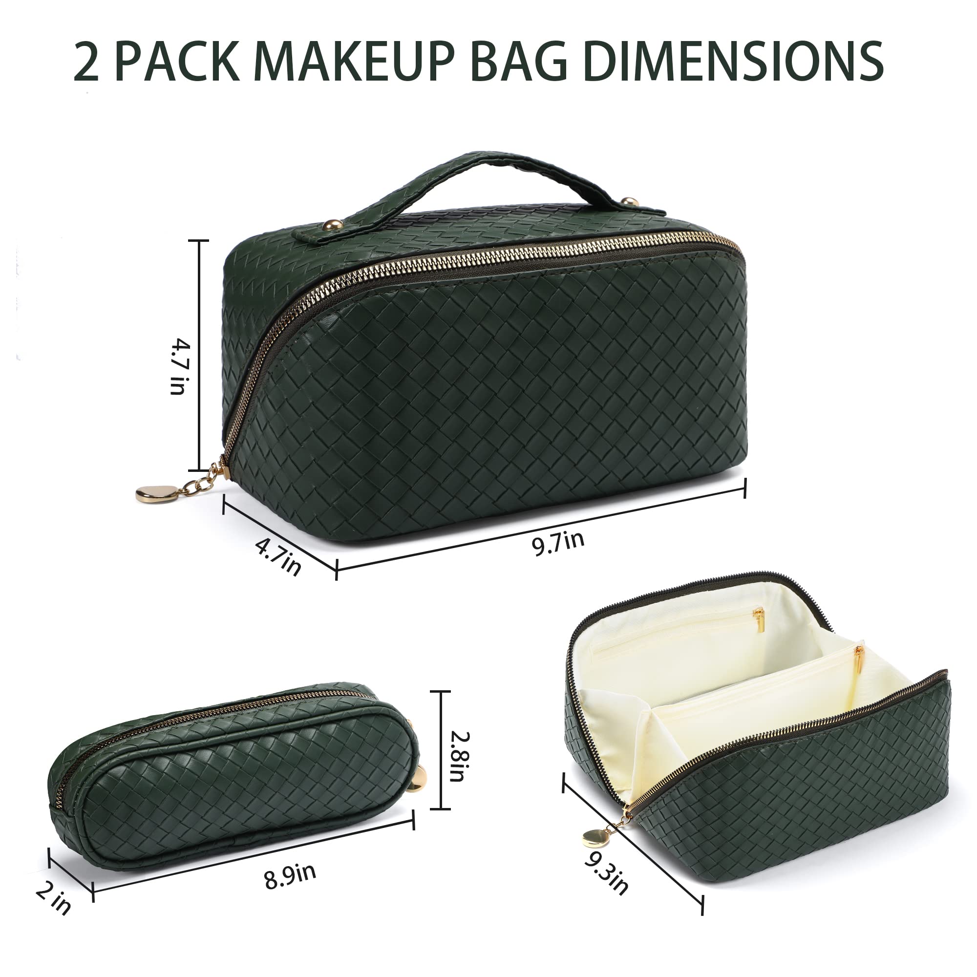 Travel Makeup Bag for Women - 2 Pack Large Leather Cosmetic Organizer Pouch with Wide Opening for Toiletries, Brushes & Accessories | Perfect for Vacation, Gym & Daily Use | Green