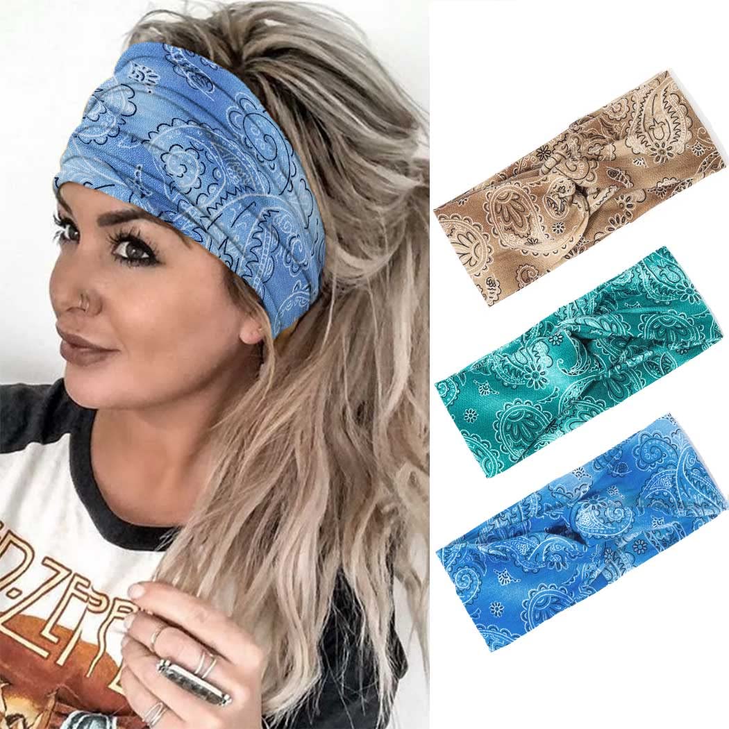 Boho Stretchy Knotted Headbands for Women & Girls - Pack of 3 Wide Hair Bands & Turban Headwraps in Blue - Perfect for Yoga, Workouts, and Casual Fashion
