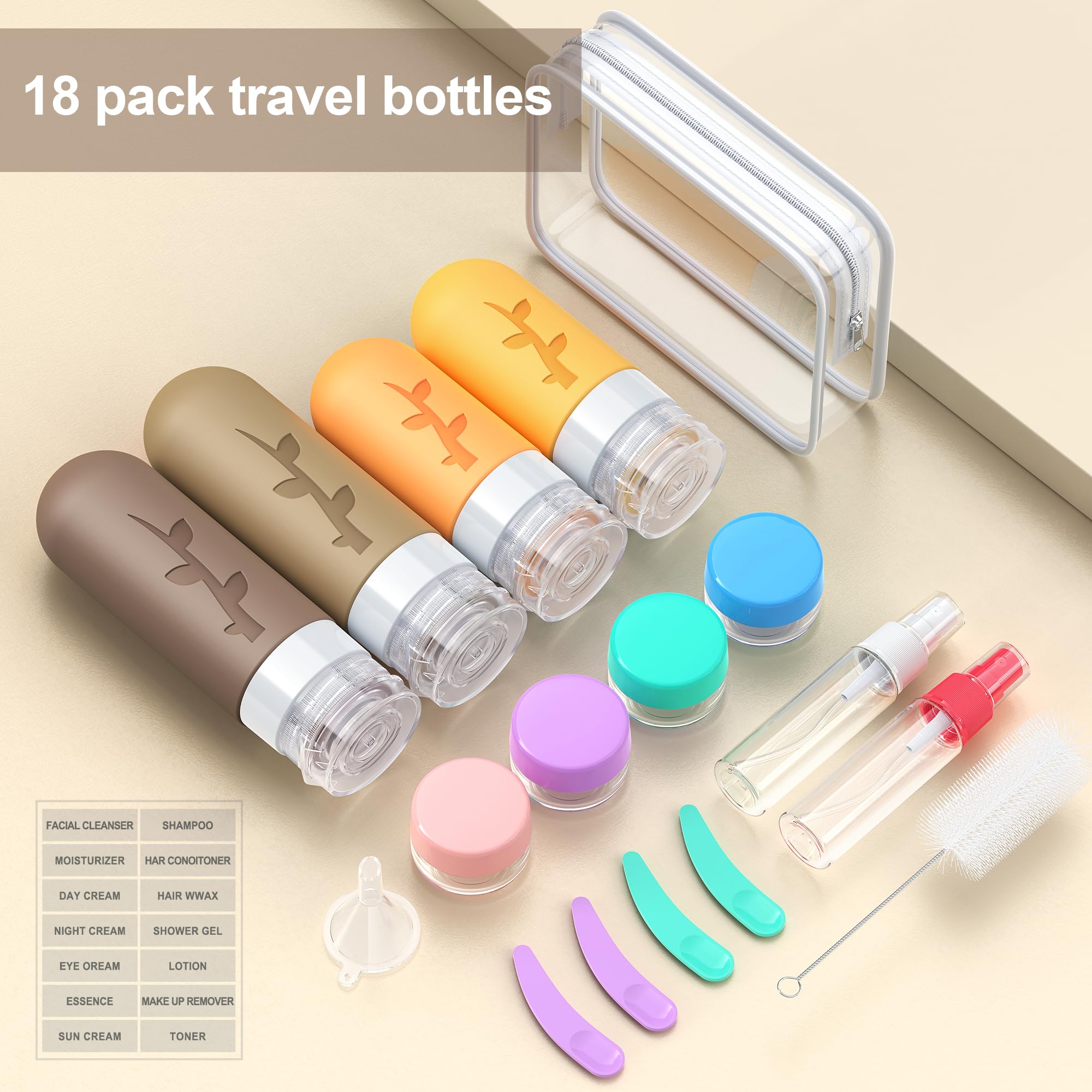 18-Pack TSA Approved Travel Toiletry Containers - Leak-Proof Bottles & Jars for Shampoo, Lotion & Personal Essentials | Perfect for Air Travel, Camping & Gym