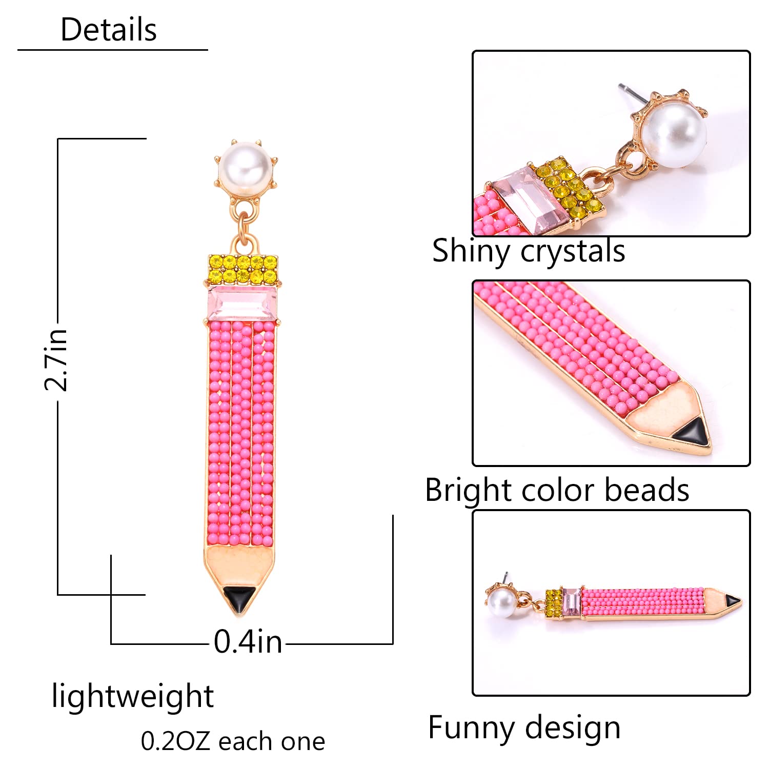 2 Pairs Hypoallergenic Pencil Earrings for Women - Beaded Pearl Teacher Dangle Earrings & Cute Student Stud Drop Earrings - Perfect for Teacher Appreciation Day, Back to School Jewelry Gifts - Great for Classrooms, Graduation Parties & School Events