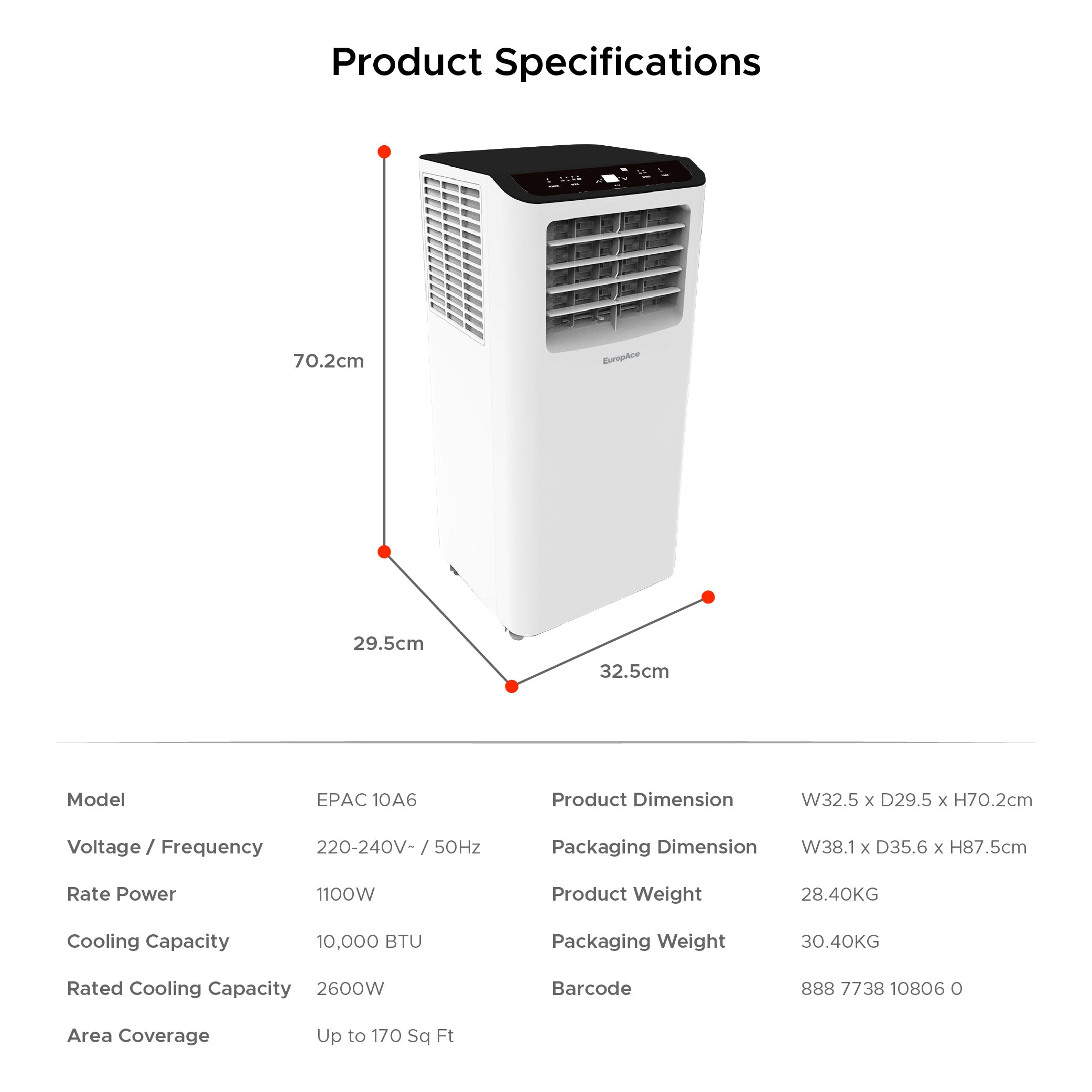 Europace EPAC10A6 10,000 BTU Portable Air Conditioner - Compact Cooling Unit for Rooms Up to 170 sq ft | Perfect for Bedrooms, Offices & Small Apartments