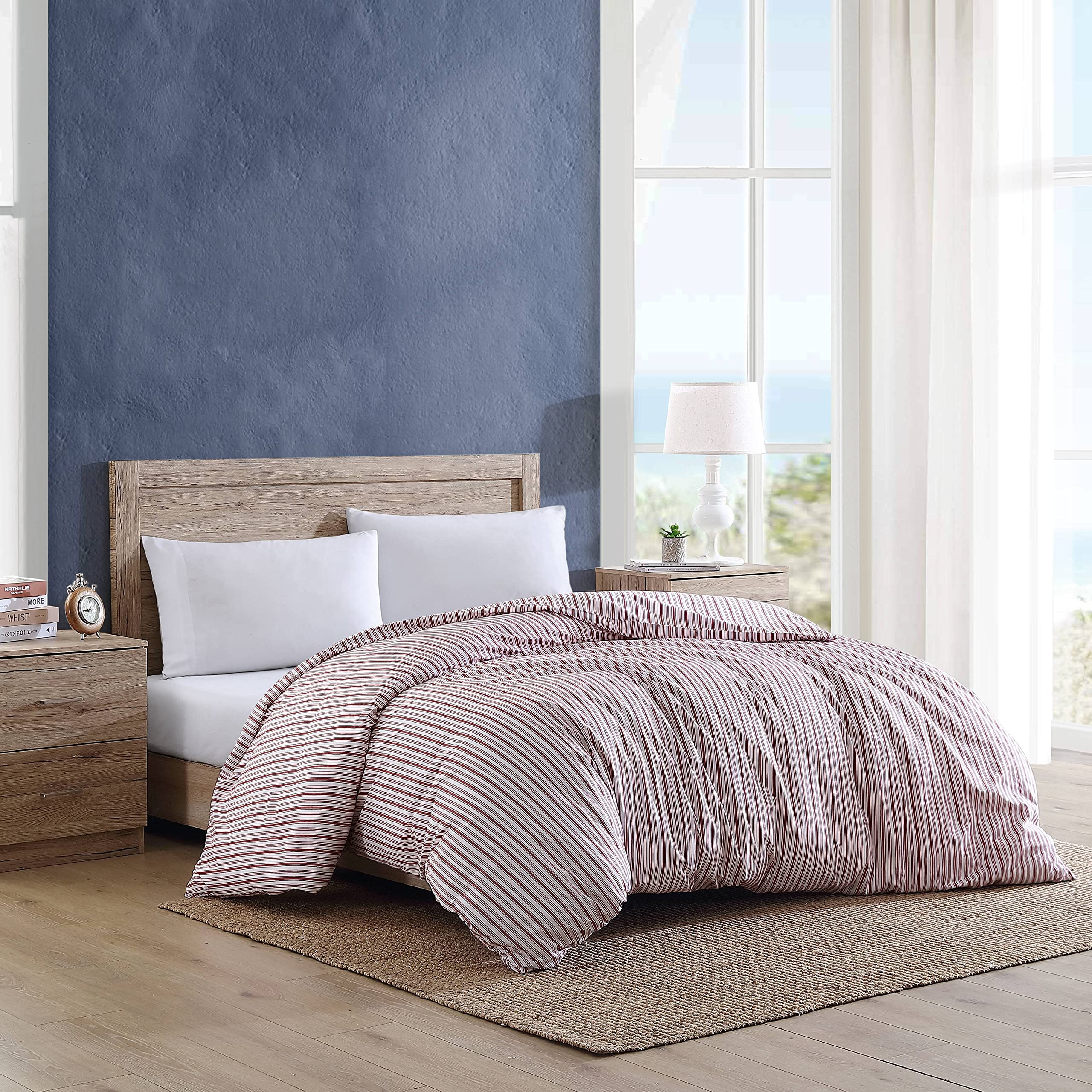 Nautica Queen Size Duvet Cover Set - 100% Cotton Reversible Comforter Cover with Button Closure, All Season Luxury Bedding - Coleridge Stripe Red - Perfect for Master Bedroom, Guest Room & Vacation Homes