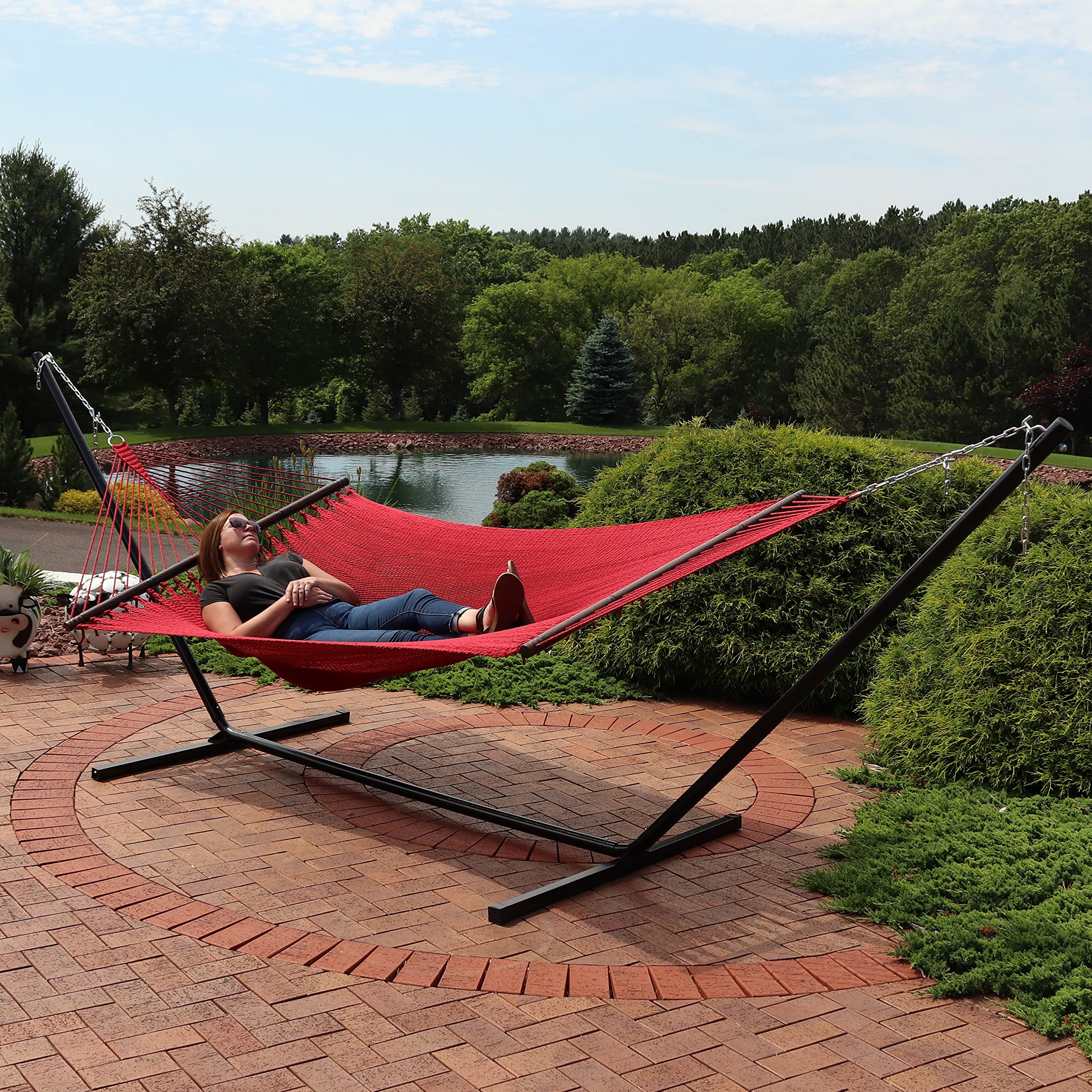 Sunnydaze 15-Foot Steel Stand Double Hammock with 400lb Capacity - Durable Polyester Rope Outdoor Hammock in Red - Perfect for Backyard, Patio, Camping & Beach Relaxation
