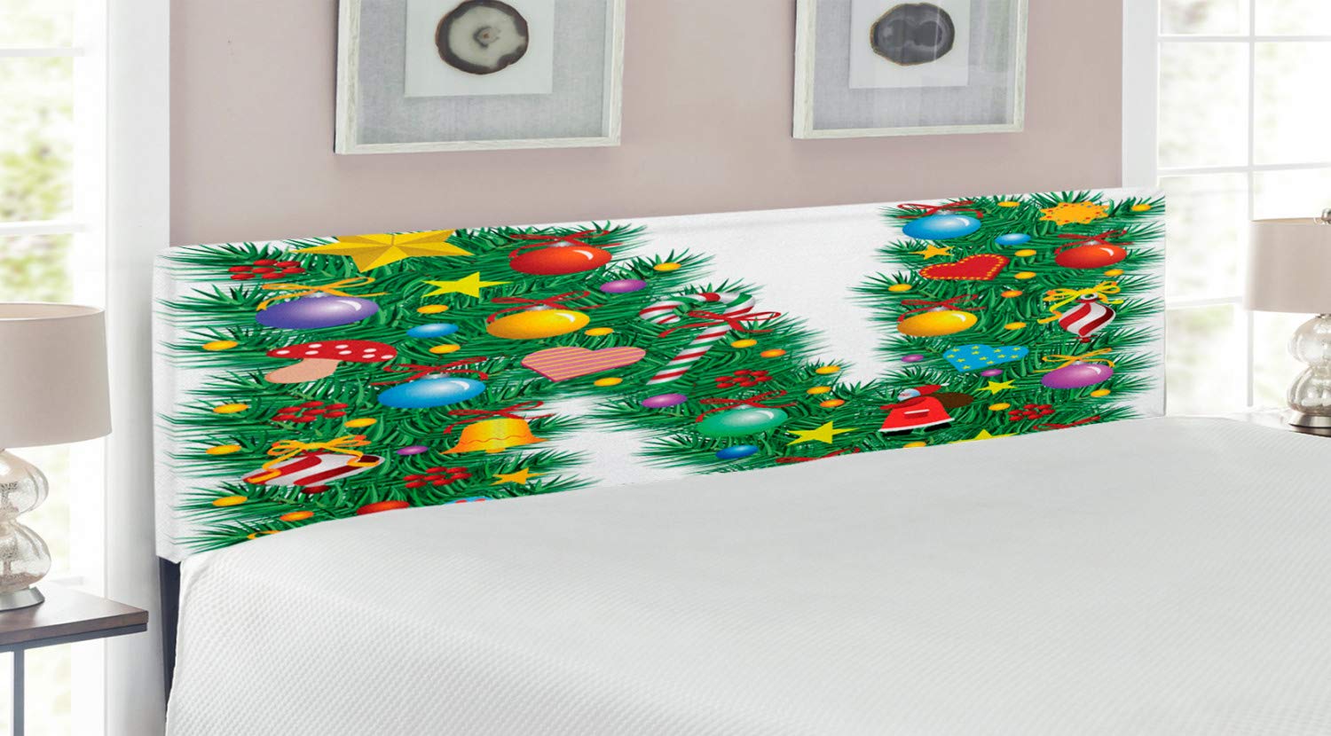 Ambesonne Green Letter N Upholstered Headboard - King Size Decorative Metal Bed Frame with Memory Foam, Coniferous Leaves & Festive Designs | Perfect for Bedroom Decor, Guest Rooms & Cozy Master Suites