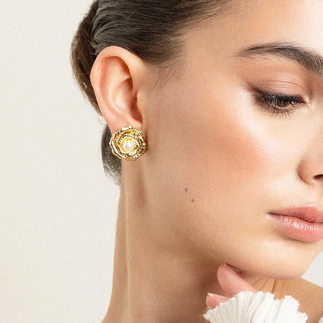 Rose Pearl Stud Earrings for Women - Elegant Freshwater Pearl Jewelry Gift for Wedding, Party & Daily Wear