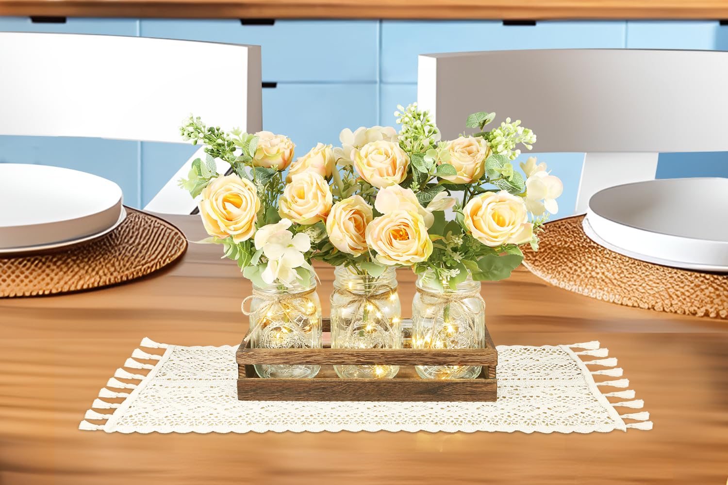 Rustic Mason Jar Lights with Wood Tray & Flowers - Farmhouse Table Centerpiece Decor for Kitchen, Dining Room, Living Room | Boho Table Runner & LED Lights for Cozy Home Ambiance