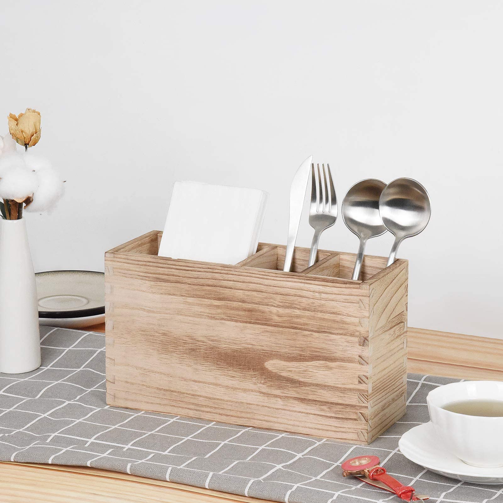Upgraded Wooden Cutlery Holder Organizer - 4 Compartment Countertop Storage for Silverware, Forks, Spoons & Spatulas | Kitchen Utensil Organizer for Dining Table, Buffet Setup & Countertop Organization