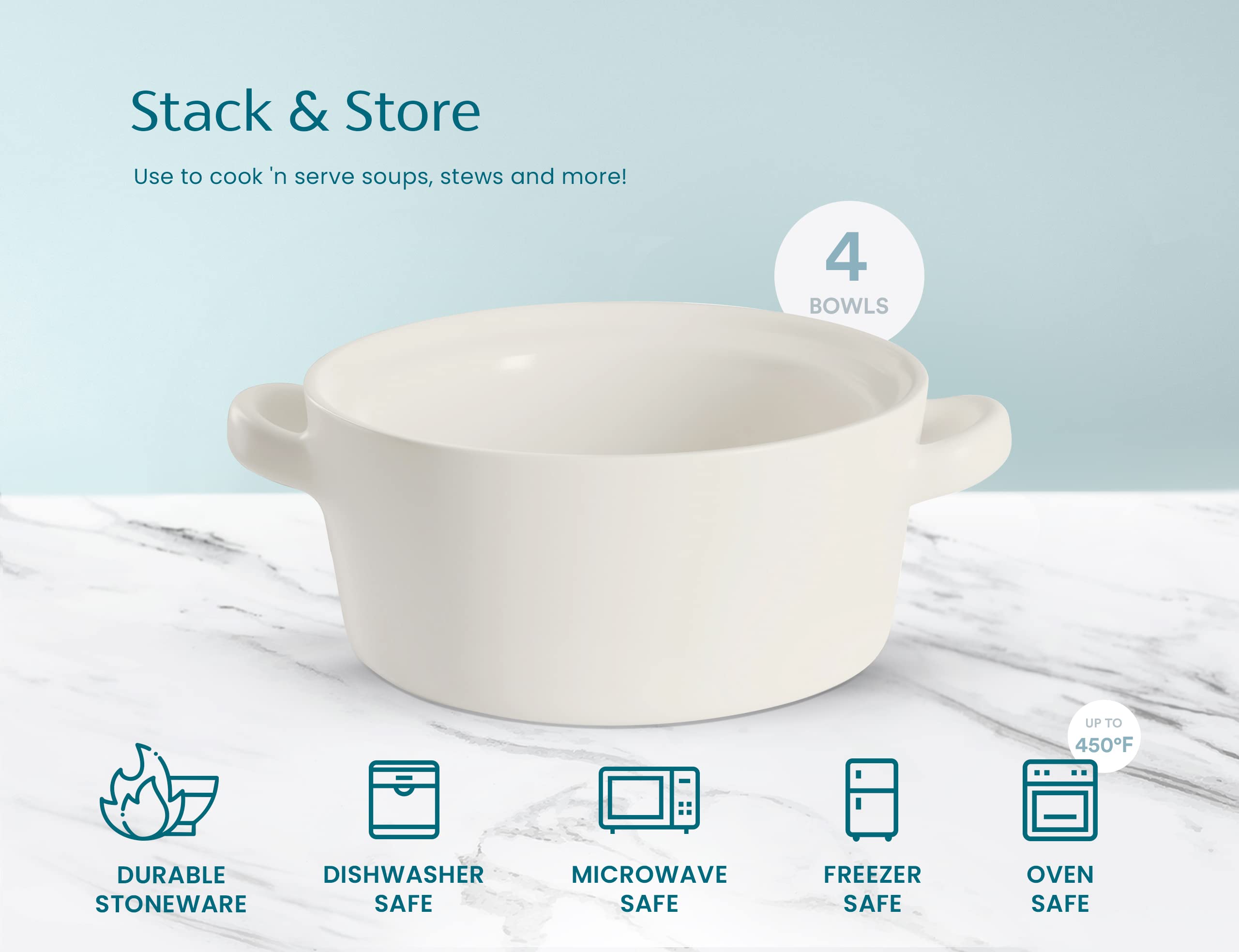 Kook Soup Crocks - Set of 4 Stackable Ceramic Bowls (23.6 oz Each) | Oven, Broiler, Microwave & Dishwasher Safe | Matte White with Handles | Perfect for Casseroles, Pasta, Cereal & Soup | Ideal for Family Dinners, Meal Prep & Entertaining