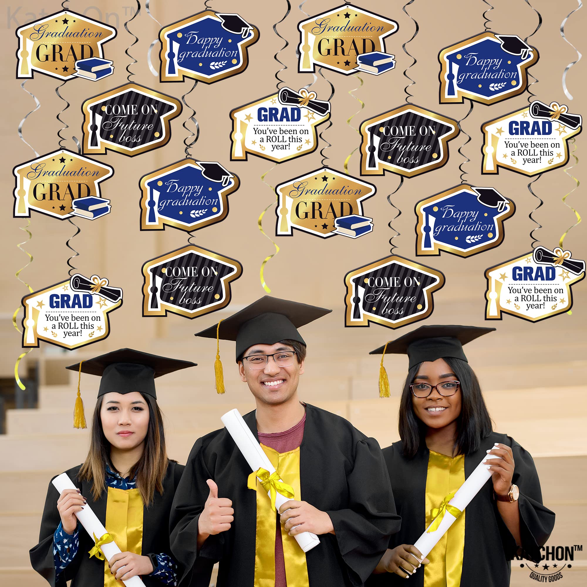 KatchOn Graduation Hanging Swirl Decorations - 46-Pack Blue & Gold 2025 Graduation Party Supplies | No DIY Required | Perfect for Graduation Ceremonies, Parties & Photo Backdrops