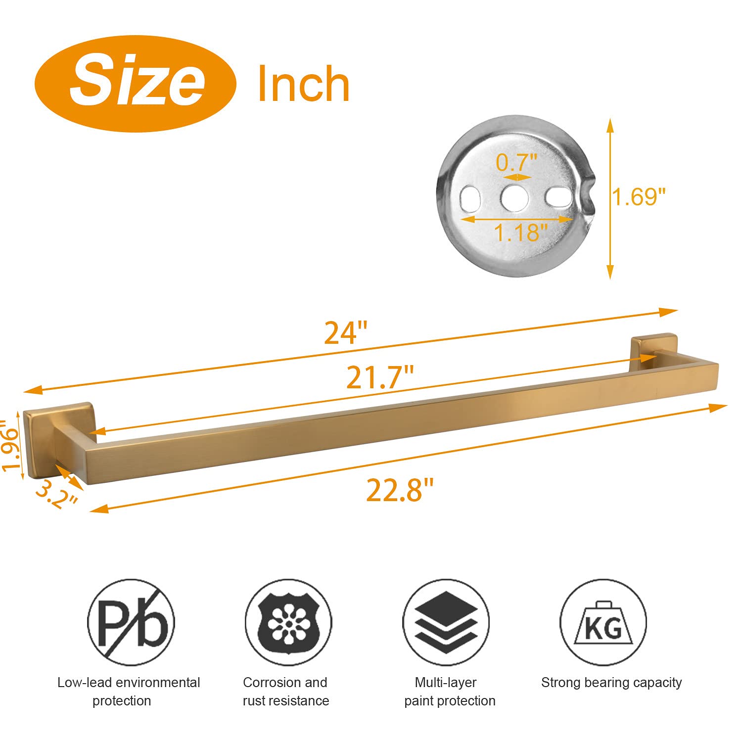 TocTen Heavy Duty Stainless Steel Towel Rack - 24 Inch Brushed Gold Wall Mounted Bathroom Towel Holder with Square Base, SUS304 Thickened Towel Bar for Shower & Spa (Perfect for Modern Bathrooms, Hotels & Luxury Home Decor)