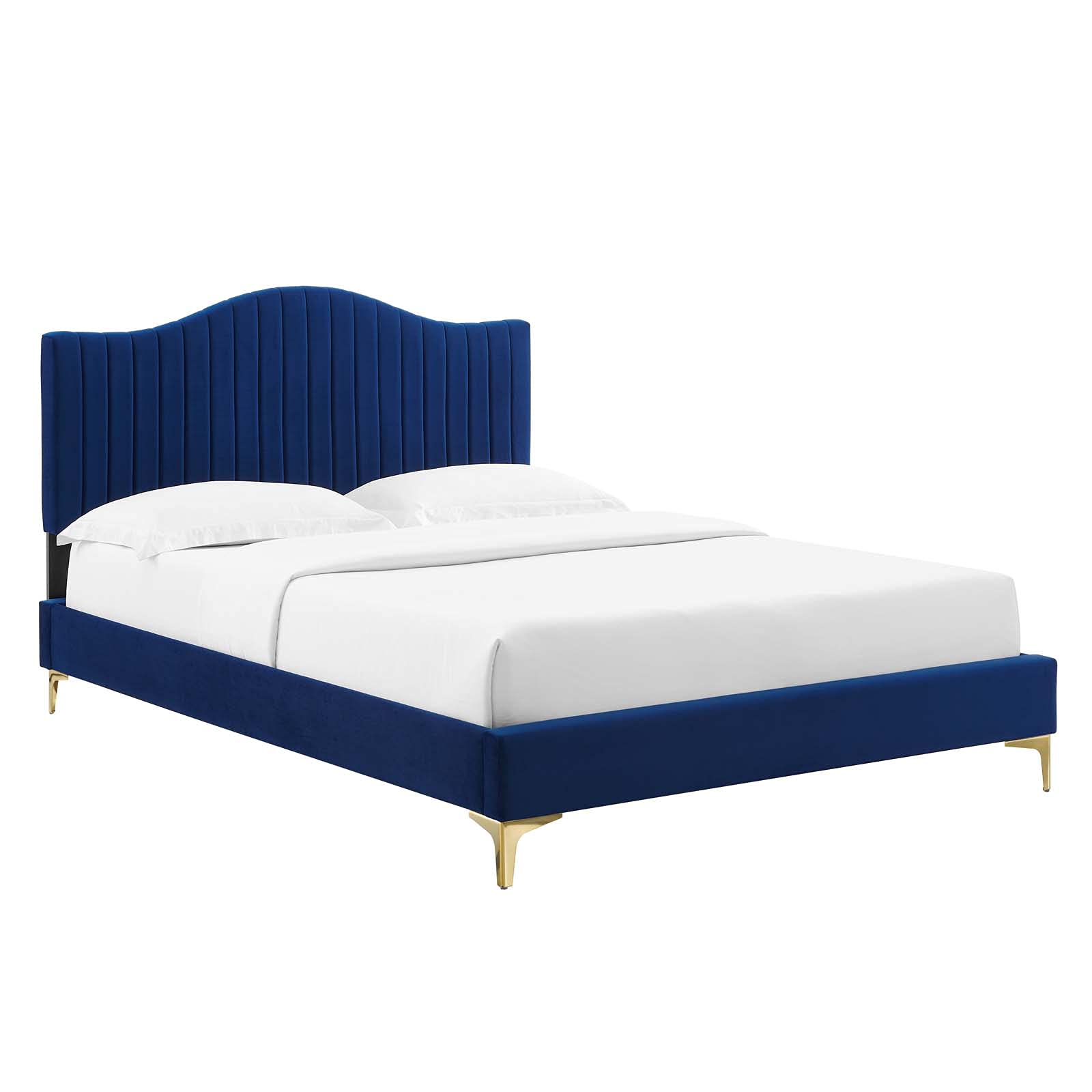 Modway Juniper Queen Size Platform Bed Frame with Navy Upholstered Headboard - Modern Bedroom Furniture for Small Spaces & Guest Rooms