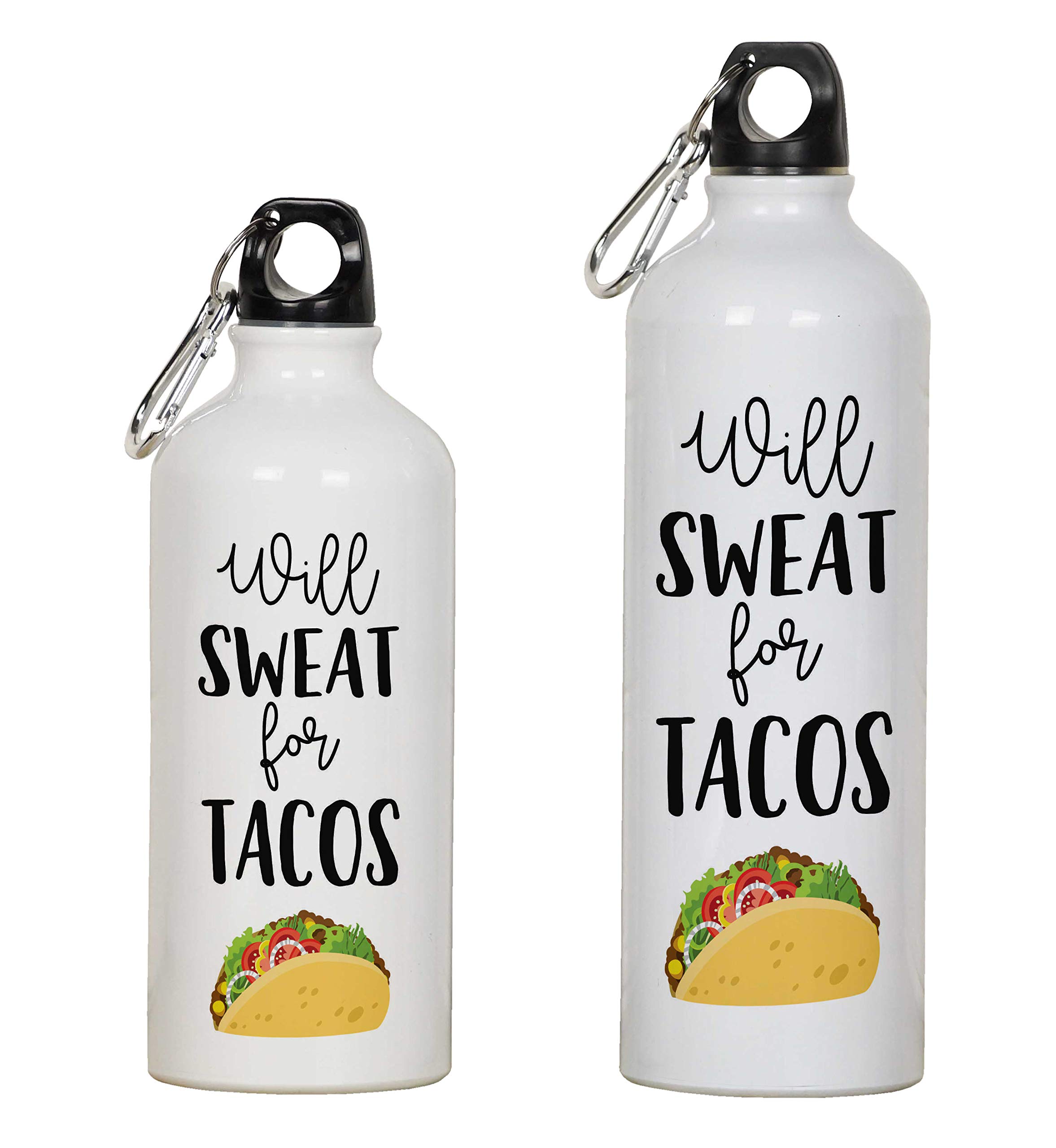 Printtoo 'Will Sweat for Tacos' Aluminum Sports Water Bottle with Carabiner Clip - 750ml/25.3oz - Perfect for Gym, Hiking & Outdoor Adventures