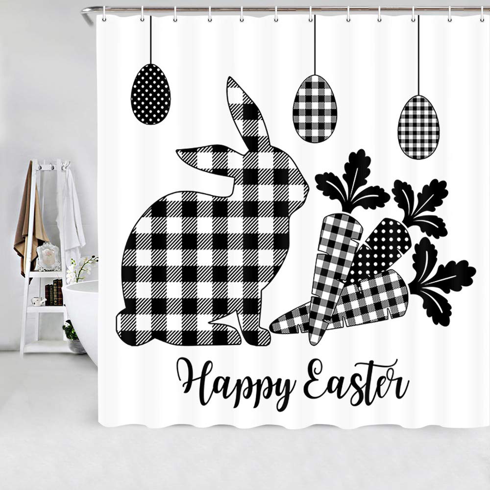 JAWO Happy Easter Shower Curtain - Cute Bunny with Easter Eggs Buffalo Plaid Bathroom Decor, Black & White Fabric Shower Curtain with Hooks Set (69x70 Inch) - Perfect for Spring Bathroom Refresh & Easter Holiday Decorations