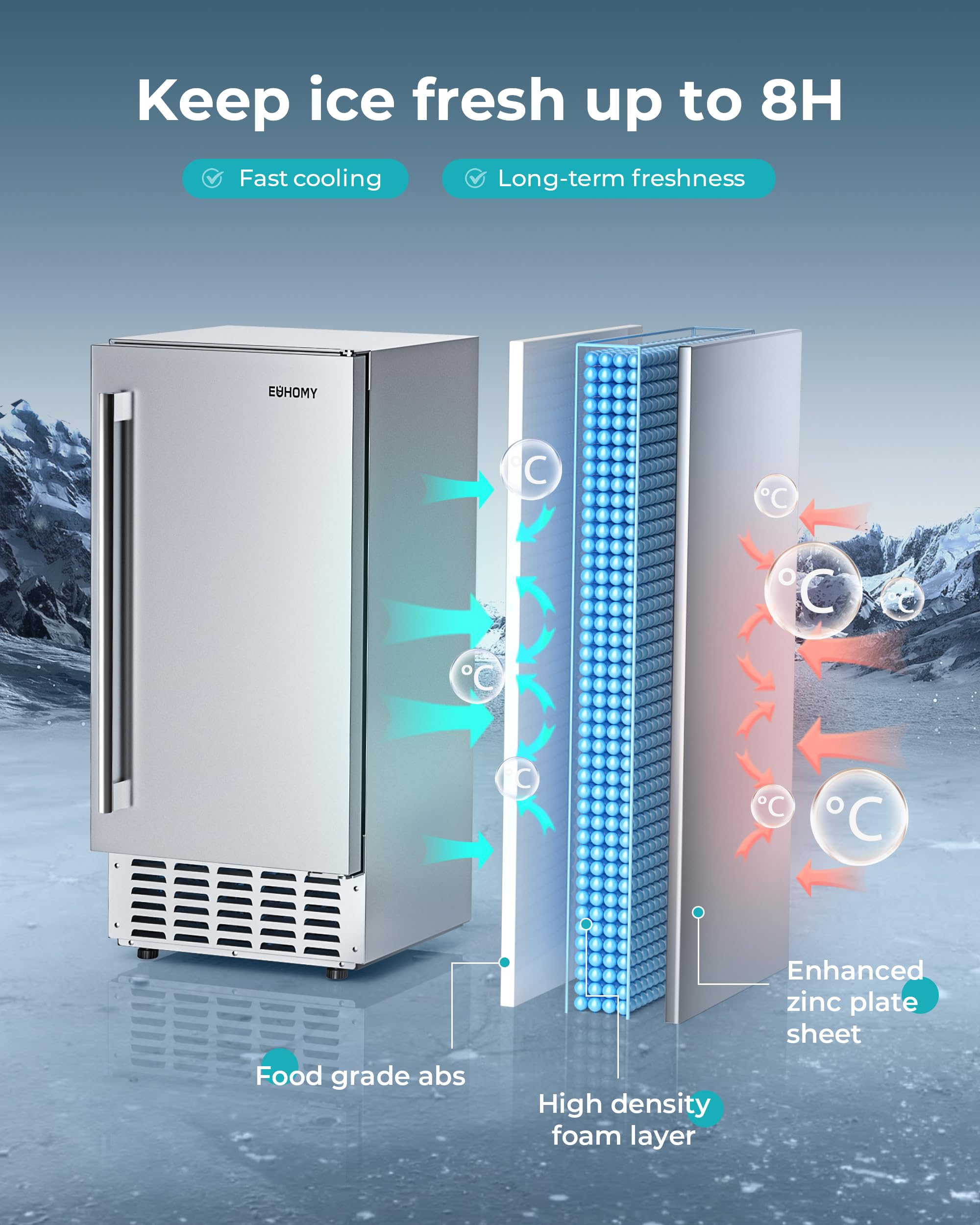 EUHOMY 66Lbs/Day Commercial Under Counter Nugget Ice Maker Machine - Built-in Freestanding with Gravity Drainage, Self-Cleaning & 24H Timer - Perfect for Restaurants, Bars, Home Kitchens & Offices (Silver)