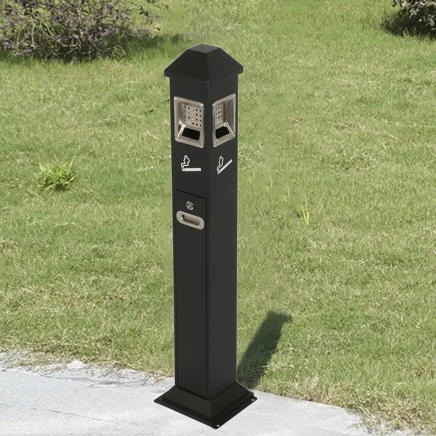AIWFL 1.2M Tall Metal Vertical Trash Bin - Outdoor Ash Bin with Lock & Key, Heavy Duty Waste Container - Perfect for Patio, Garden, Backyard, and Public Spaces (Black)