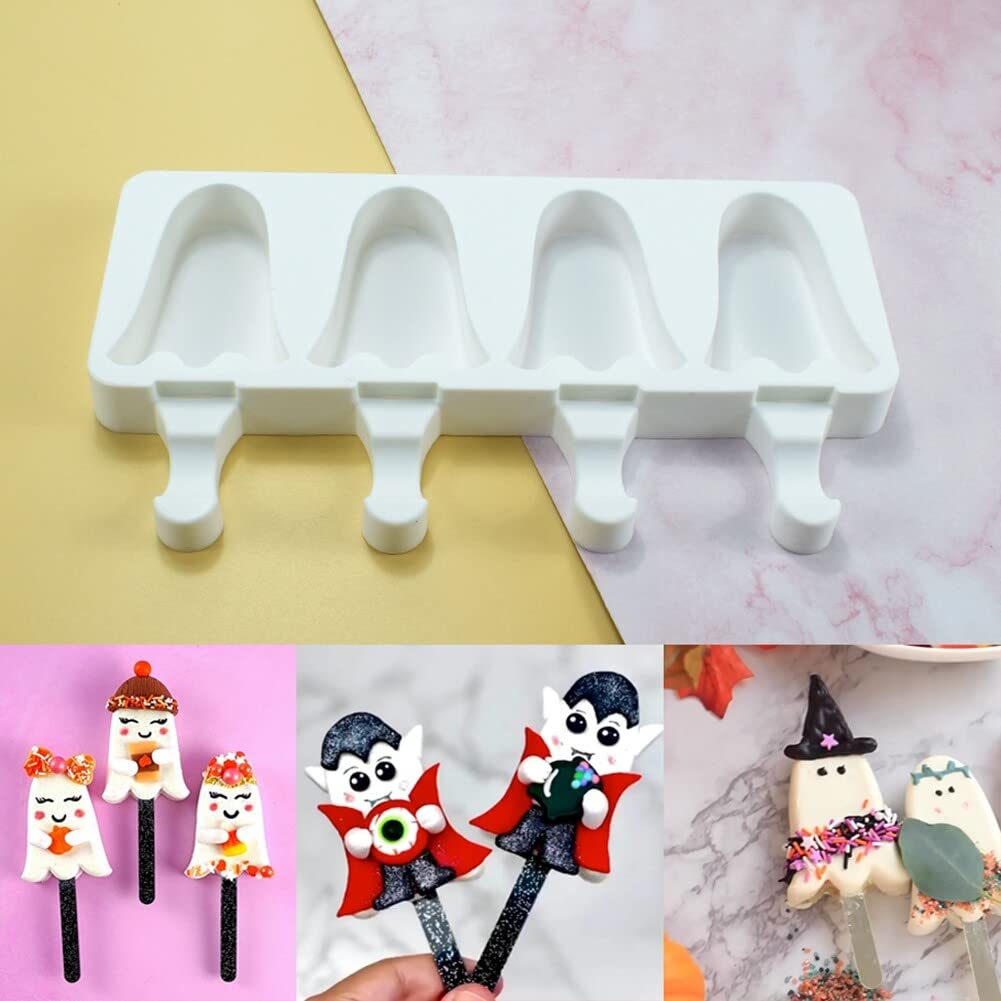 Ghost-Shaped Silicone Popsicle Molds - 4 Cavity Reusable Ice Pop Makers for Kids & Adults - Perfect for Halloween Treats, Summer Snacks, DIY Frozen Desserts, and Homemade Ice Cream