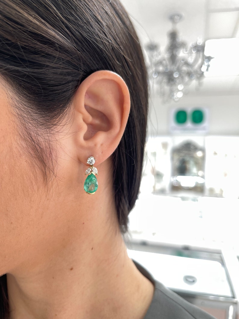 18K Gold Pear Cut Green Emerald & Marquise Diamond Floral Earring Jackets - 7.97tcw Elegant Dangle Earrings for Wedding, Party & Special Occasions