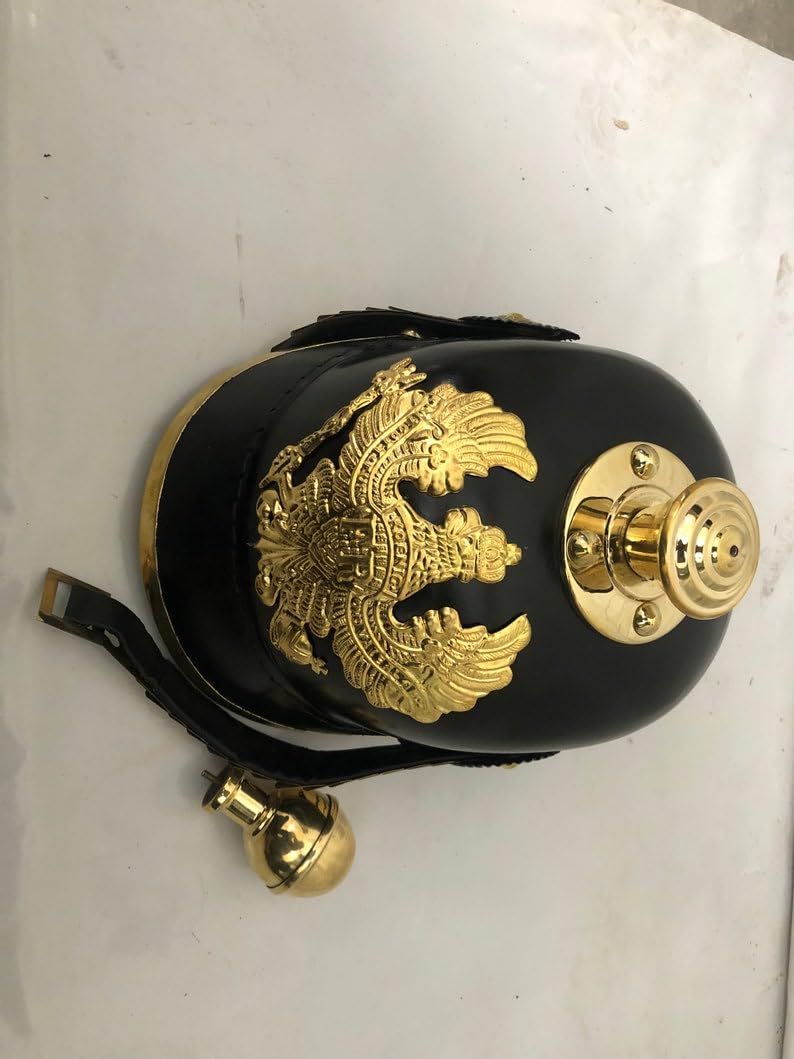 Authentic Black German Pickelhaube Helmet with Brass Badge - Prussian Military Helmet for LARP, Reenactment & Cosplay | Perfect Historical Costume Accessory & Unique Gift for Men | Great for Theater Performances, Halloween & WWI Events