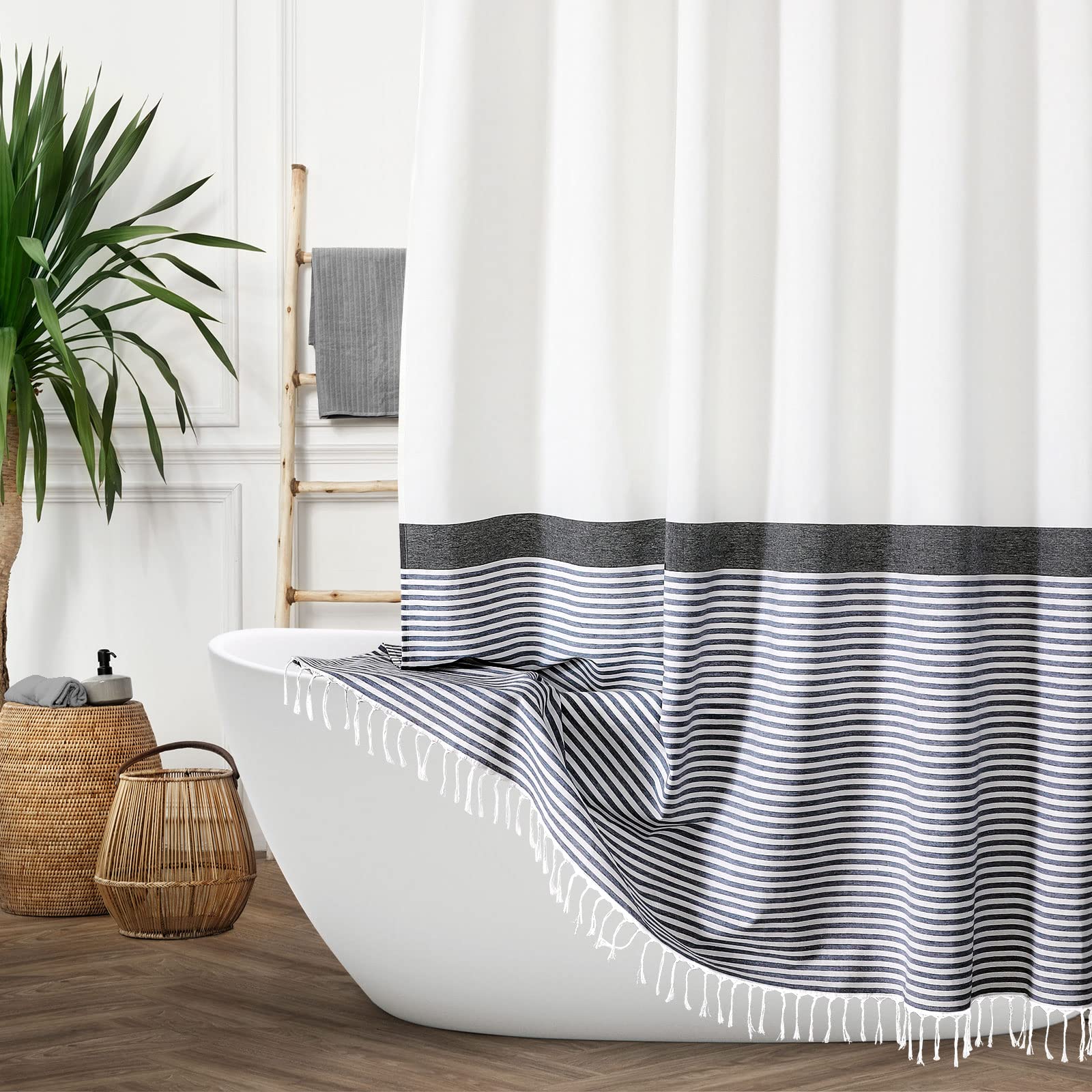 Boho Striped Small Shower Curtain Set 36 x 72 Inches - Half Size Narrow Fabric Bath Curtain in Black for Modern Farmhouse & White Bathroom Decor | Perfect for Small Bathrooms, Apartments & RV Showers