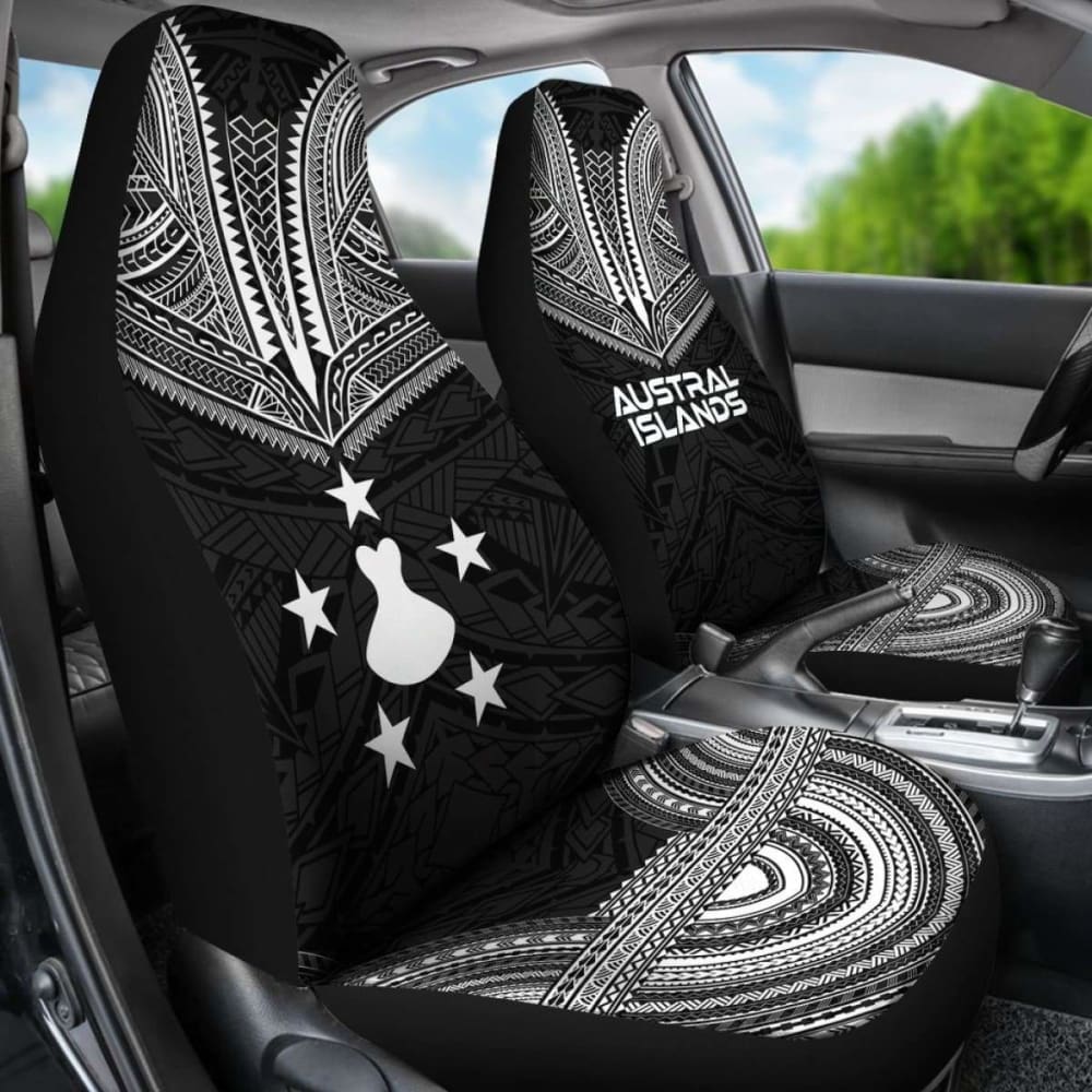 Austral Islands Car Seat Cover - Black Polynesian Chief Tattoo Design with Austral Islands Flag | Durable & Stylish Protection for Cars, Trucks & SUVs | Perfect for Travel, Commuting & Everyday Use
