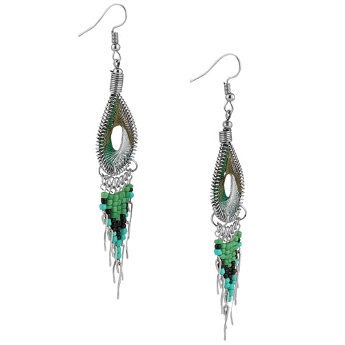 Handmade Peruvian Forest Green & Silver Beaded Dangle Earrings - Stainless Steel Jewelry for Women | Boho Chic Accessories for Parties, Weddings & Everyday Wear
