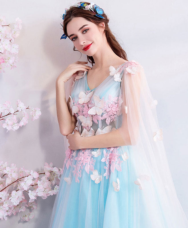 Elegant Blue V-Neck Tulle Prom Dress | Long Formal Evening Gown for Women | Perfect for Homecoming, Prom Night & Special Occasions