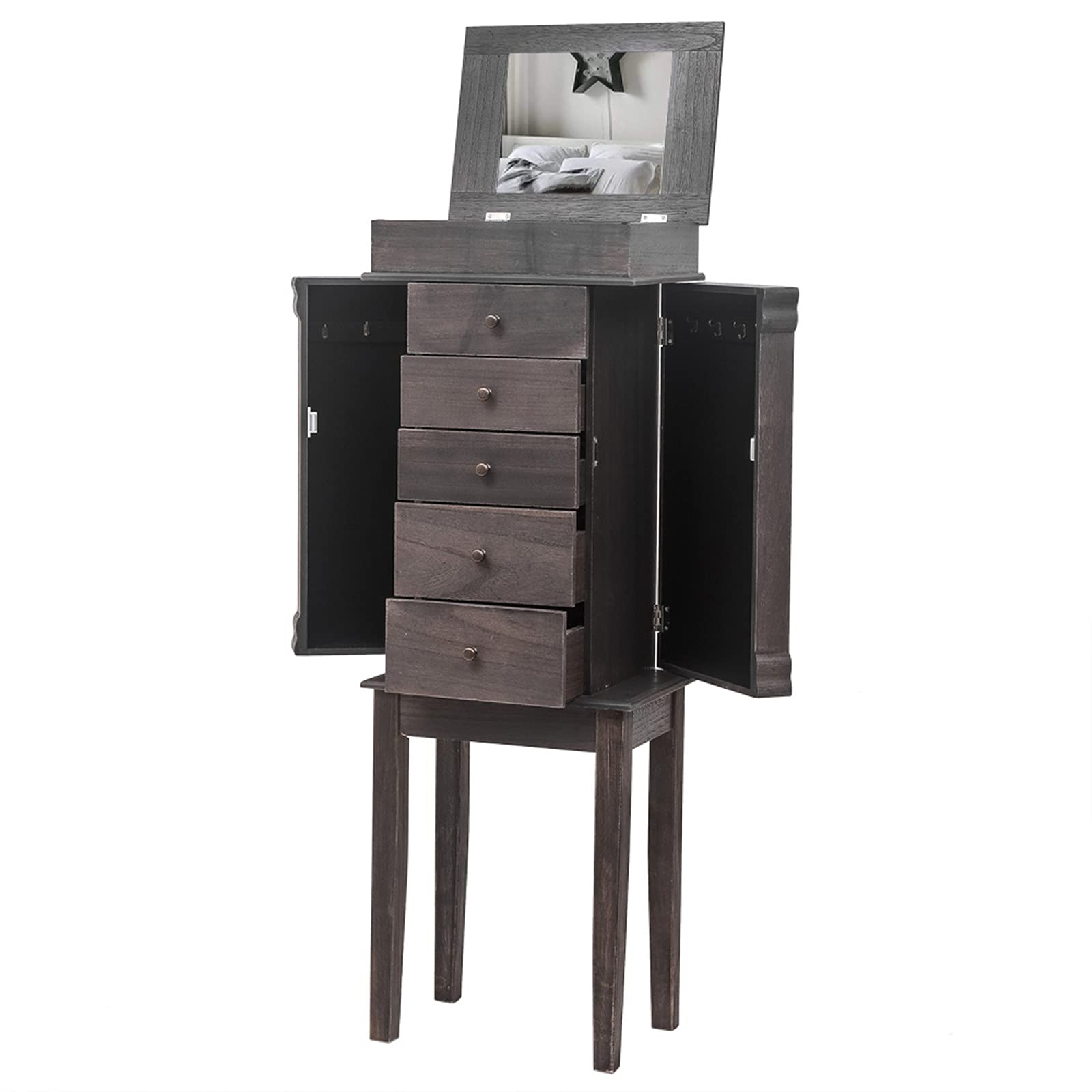 GT4-LY Standing Jewelry Armoire with Full-Length Mirror - 5 Drawers & 8 Necklace Hooks - Jewelry Storage Cabinet with Top Organizer & 2 Side Doors (Grey) - Perfect for Bedroom, Closet & Dressing Room Organization