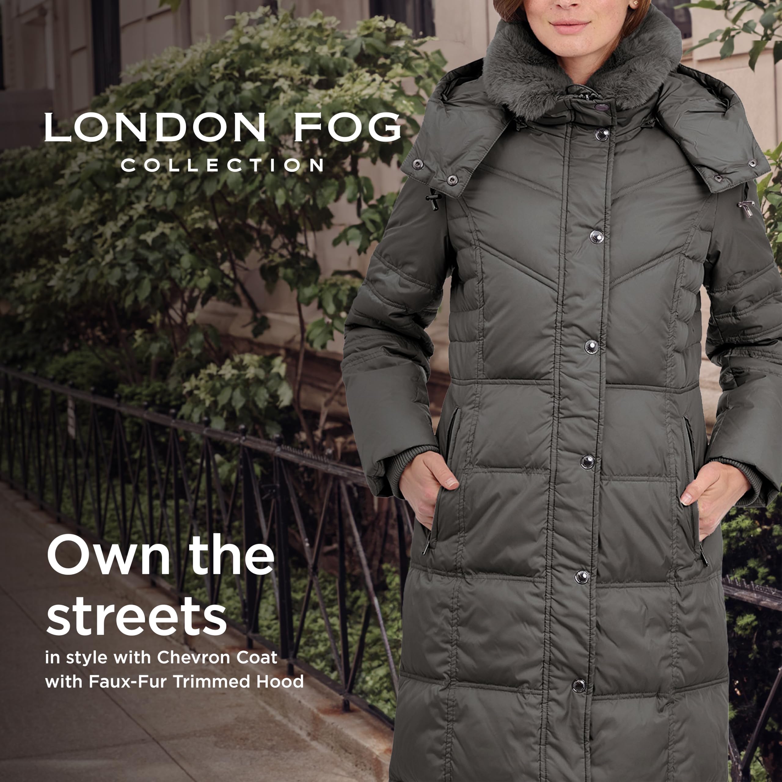 London Fog Women's Chevron Faux Fur Coat - Winter Warm Hooded Style