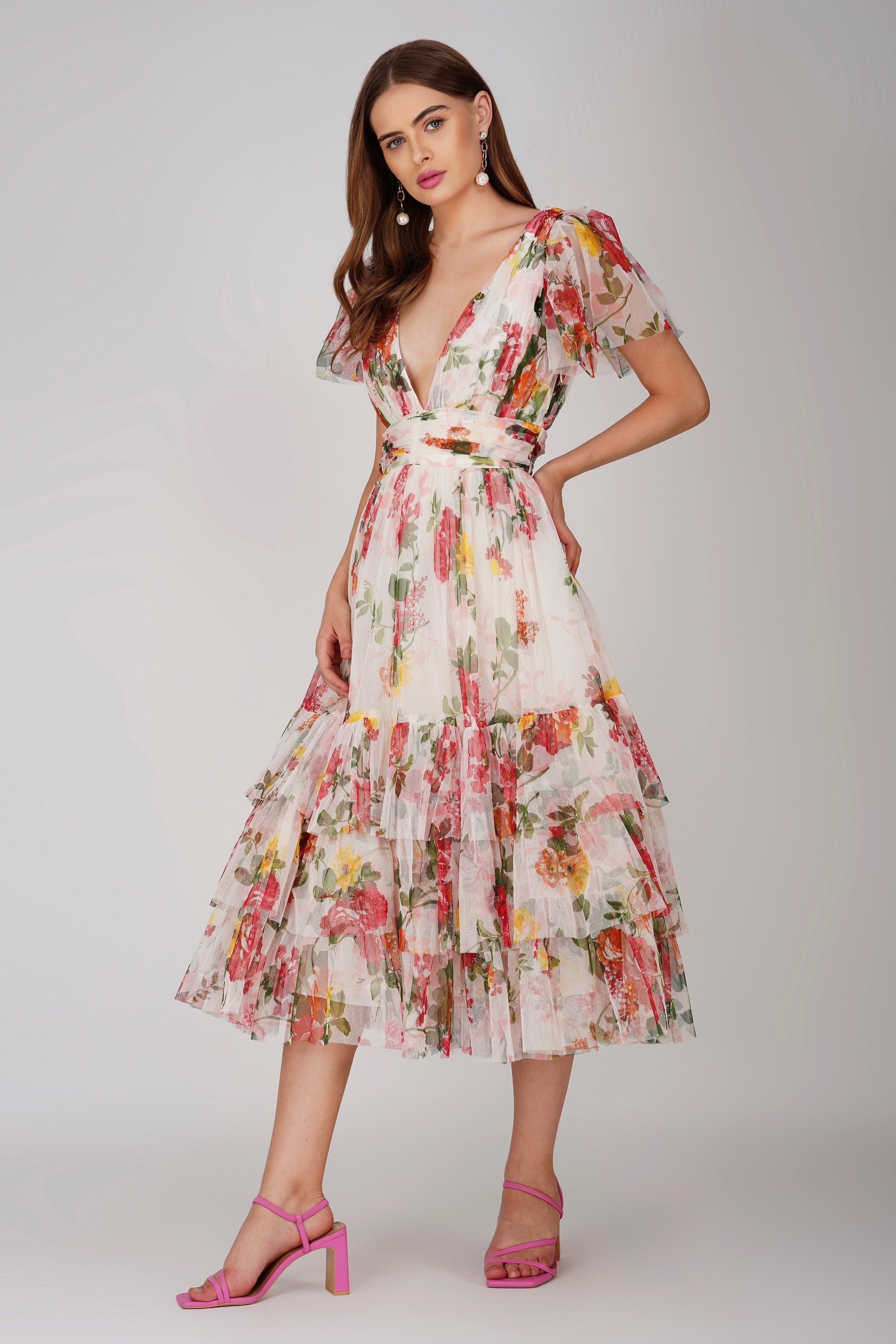 Floral Print Madison Tulle Midi Dress - Elegant Party & Wedding Guest Dress for Women