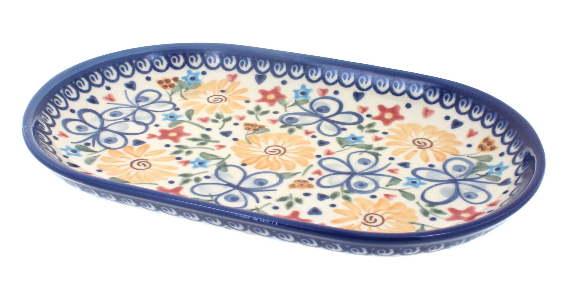 Handmade Blue Rose Polish Pottery Butterfly Small Oval Dish - Decorative Trinket Tray for Jewelry, Keys & Coins | Perfect for Home Decor, Gift Giving & Boho Style Interiors