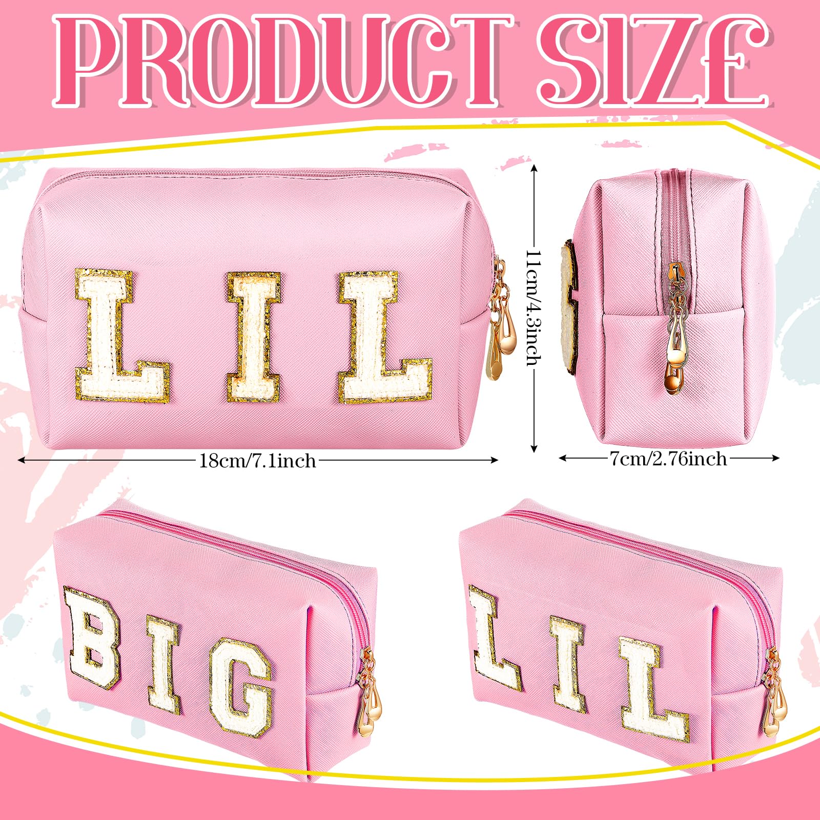 Hillban 2-Piece Preppy Cosmetic Makeup Bag Set - PU Leather Letter Patch Zipper Pouch, Waterproof Travel Organizer for Women (Pink) - Perfect for Sorority Gifts, College Essentials & Daily Beauty Storage