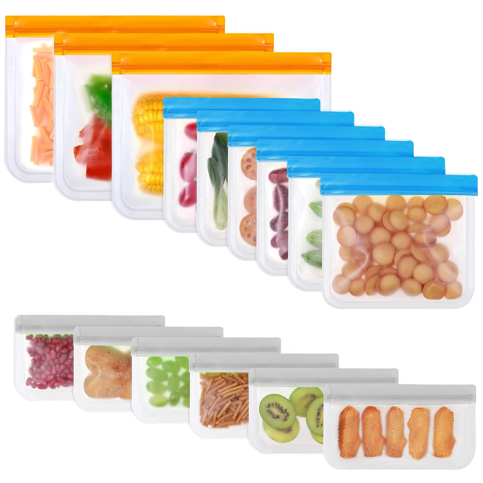 15 Pack Reusable Food Storage Bags - BPA Free Silicone Leakproof Freezer Bags (3 Gallon + 6 Sandwich + 6 Snack Bags) | Eco-Friendly for Meat, Fruits, Veggies | Perfect for Meal Prep, School Lunches & Picnics