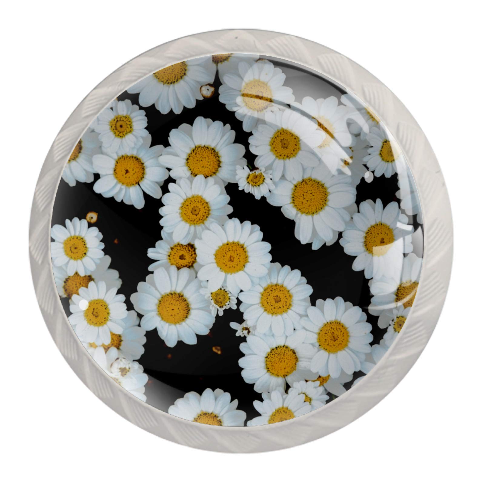 1.18 Inch Crystal Cabinet Pulls and Knobs - Clear Kitchen Drawer Handles with Chamomile Daisy Design (Set of 4) | Perfect for Modern Cabinets, Dressers & Bathroom Vanities