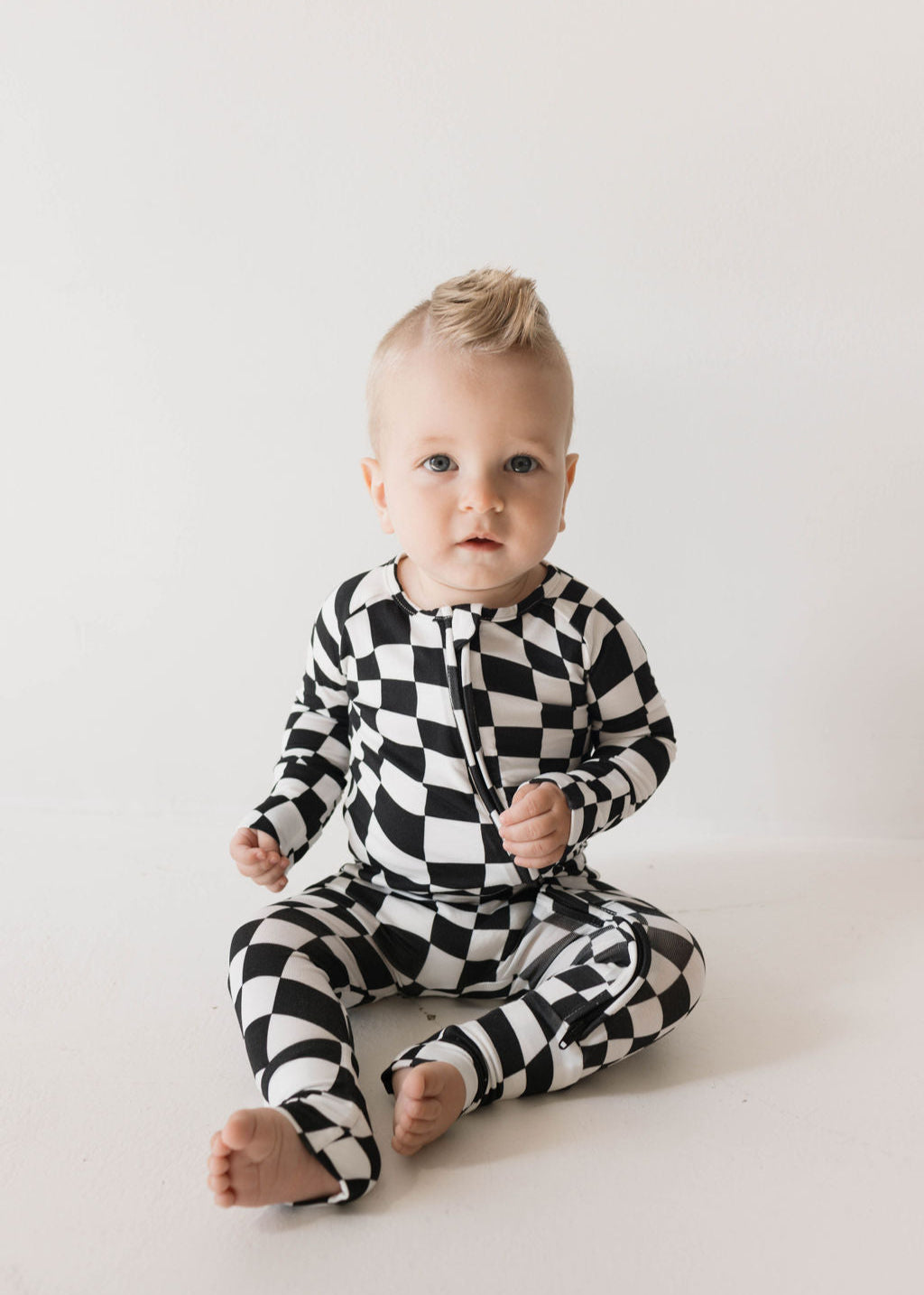 Bamboo Zip Pajamas for Women & Men - Soft Black & White Wavy Checkerboard Print Sleepwear - Perfect for Cozy Nights, Lounging & Travel