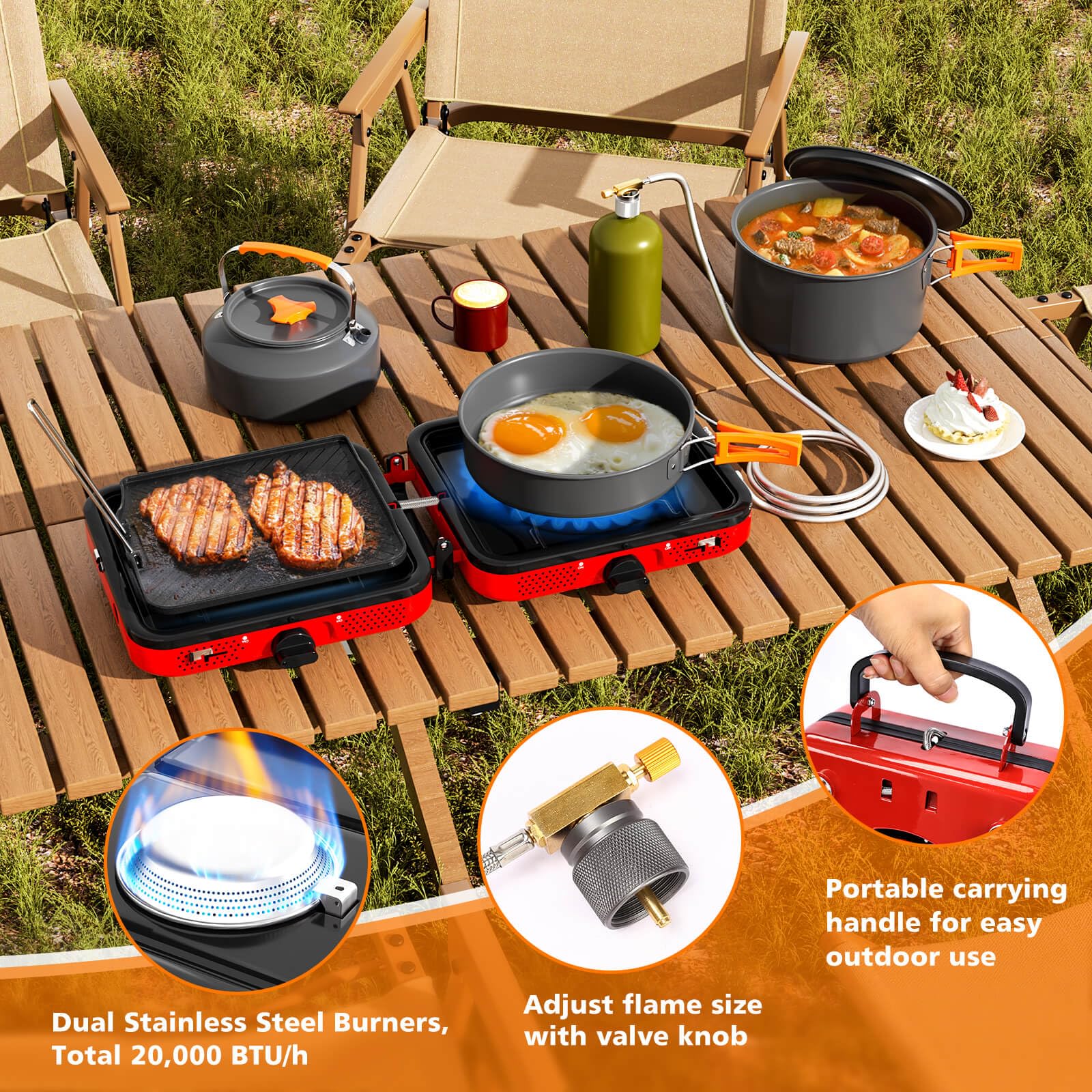 Portable 2 Burner Camping Stove Set with Cookware - 20,000 BTU High Output Outdoor Gas Stove Kit Includes Folding Stove, Frying Pan, Griddle, Kettle, Pot & Carry Bag - Compatible with Propane & Butane - Perfect for Camping, Hiking, Backpacking & Picnics
