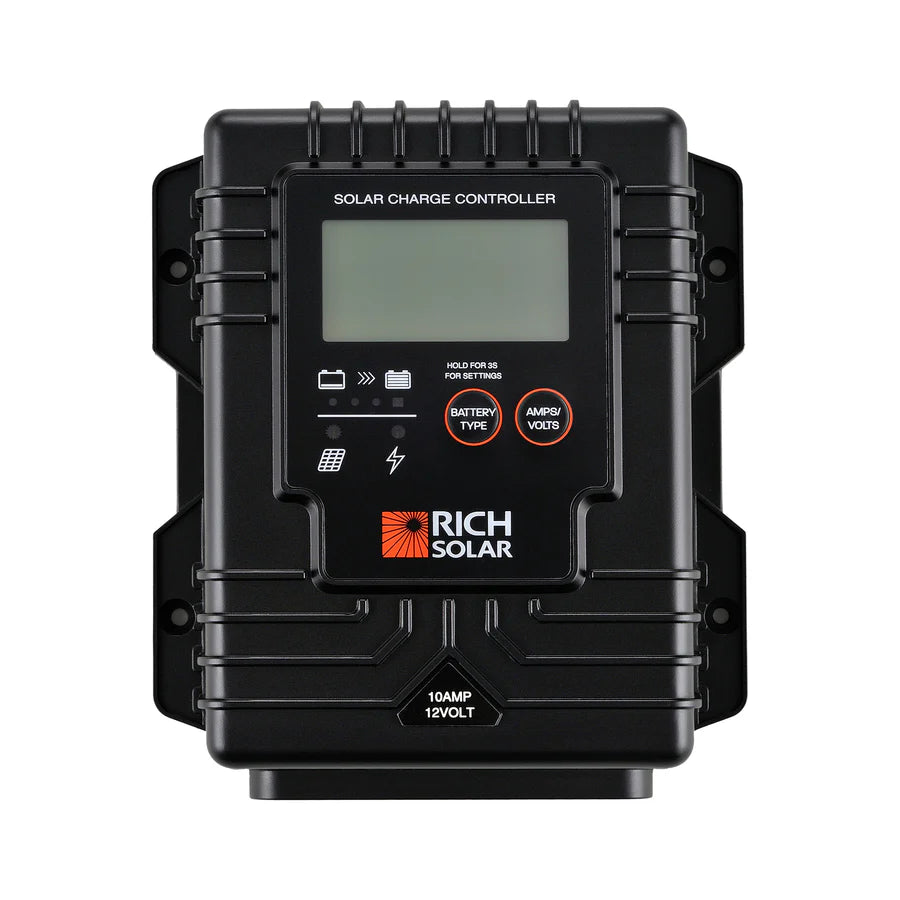 Rich Solar 10 Amp PWM Waterproof Solar Charge Controller - 12V/24V Auto, LCD Display for RV, Boat, Off-Grid Solar Panel System - Perfect for Camping, Marine & Home Solar Power