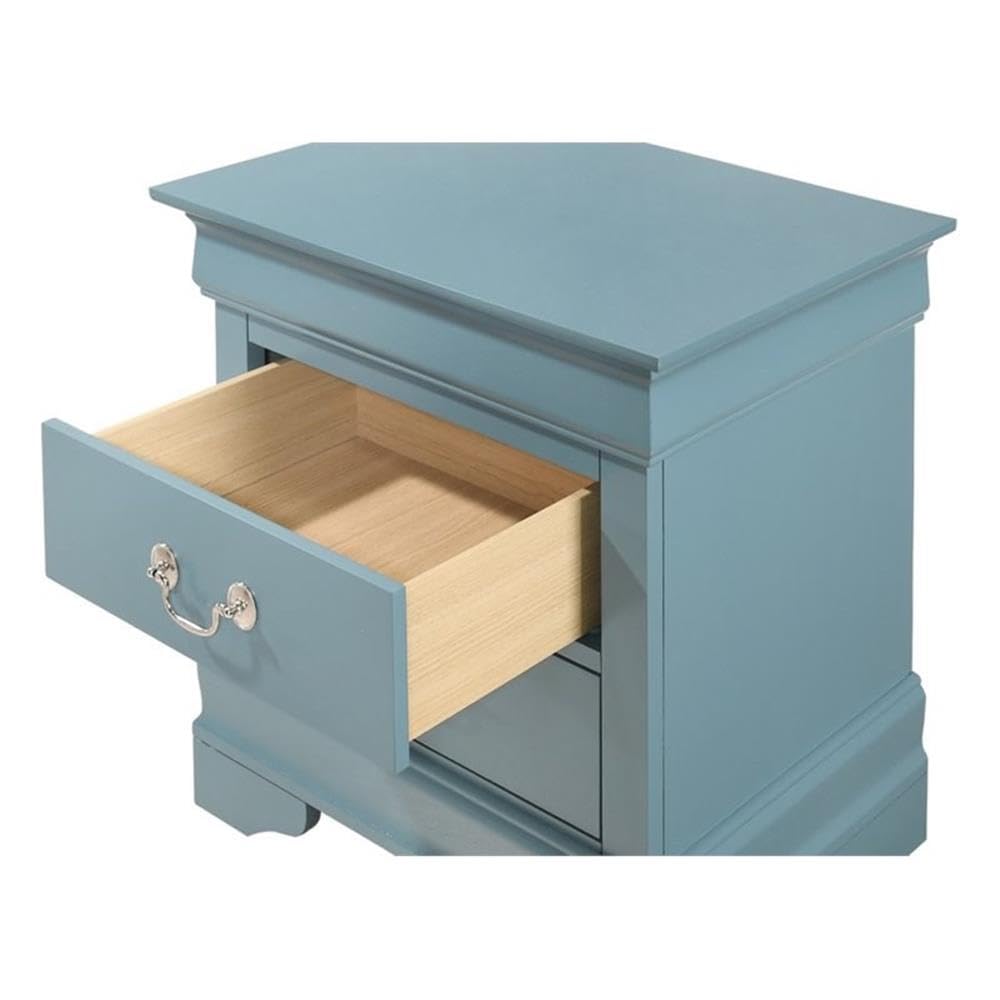 Glory Furniture Louis Phillipe 2-Drawer Nightstand in Teal Blue - Modern Bedside Table for Bedroom Decor & Storage