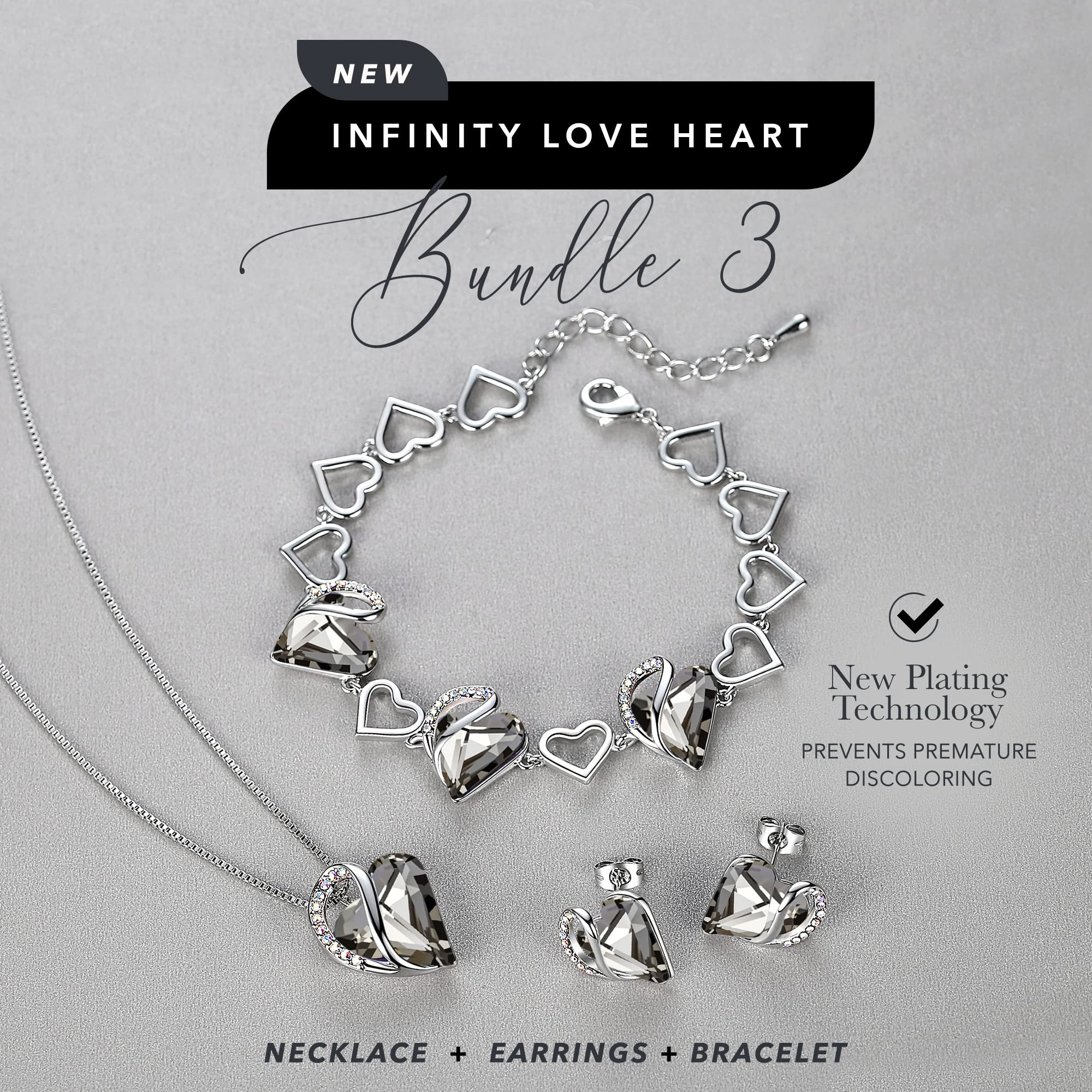 Leafael Infinity Love Heart Necklace, Stud Earrings & Bracelet Set for Women - Healing Crystal Jewelry with Protection Stones in Silver Tone - Perfect Gift Set for Her - Ideal for Valentine's Day, Anniversary & Everyday Wear