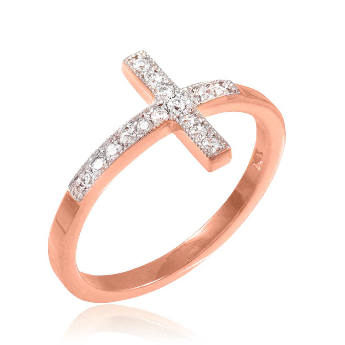 14K Rose Gold Sideways Cross Ring with Genuine Diamonds - Elegant Religious Jewelry for Women, Perfect for Gifts, Weddings & Everyday Wear