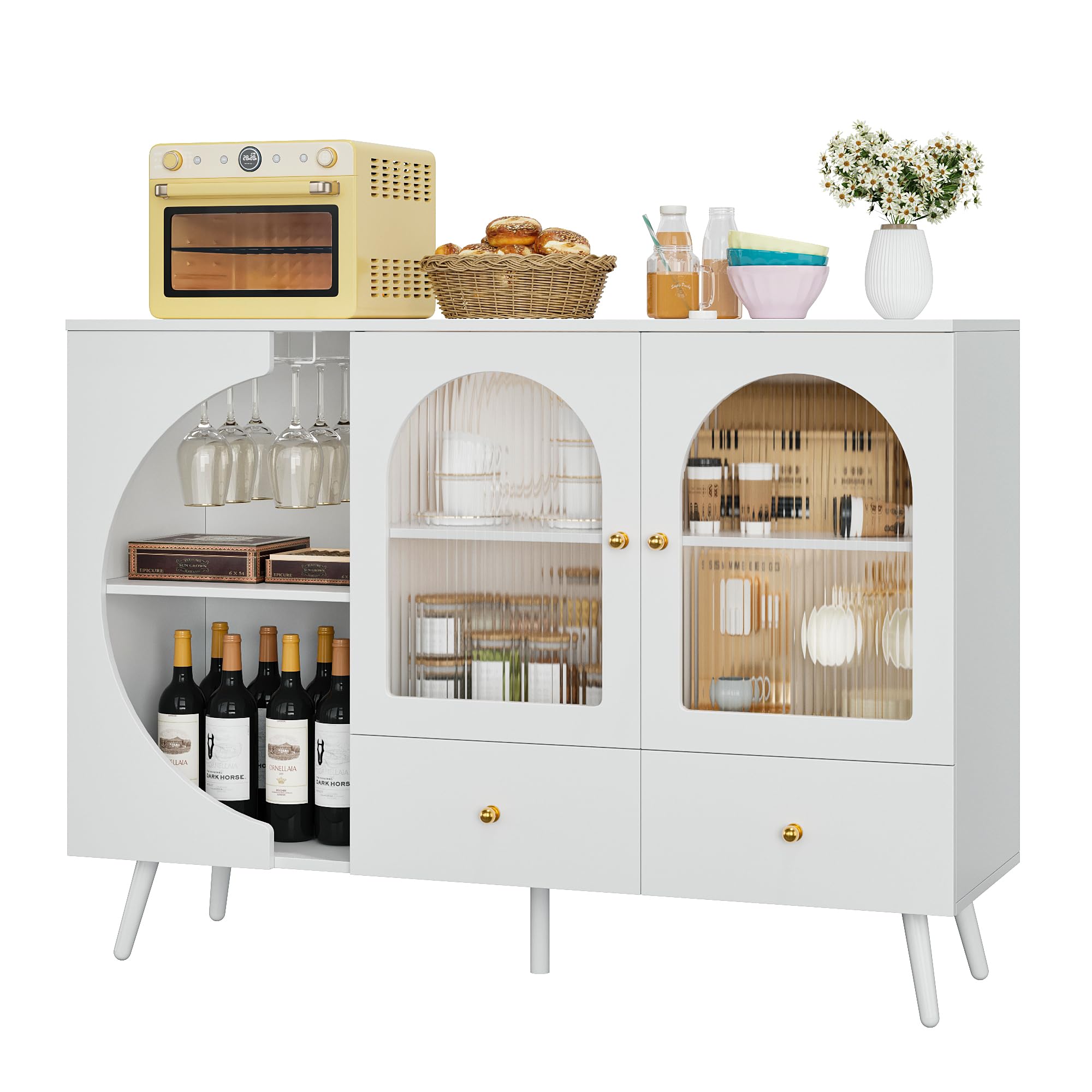 Modern White Coffee Bar Cabinet with 2 Drawers & Fluted Glass Door - Buffet Sideboard for Wine Storage, Perfect for Kitchen, Dining Room & Living Room - Stylish Home Bar Furniture for Entertaining Guests
