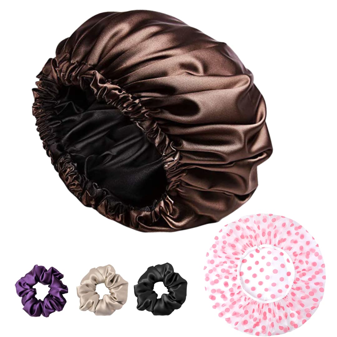 Atrube's Reversible Silk Satin Sleep Bonnet with Adjustable Tie Band - Waterproof Shower Cap & Scrunchies Set for Curly, Natural Hair Care - Perfect for Nighttime, Travel & Salon Use (Brown Combo)