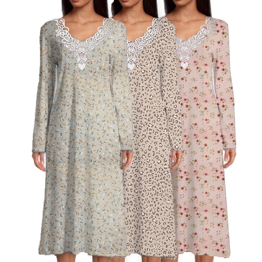Open Back Nightgowns for Women - 3 Pack Long Sleeve Floral Print Lace Patient Gowns - Comfortable Hospice & Bedridden Nightwear for Hospital, Home Care & Recovery