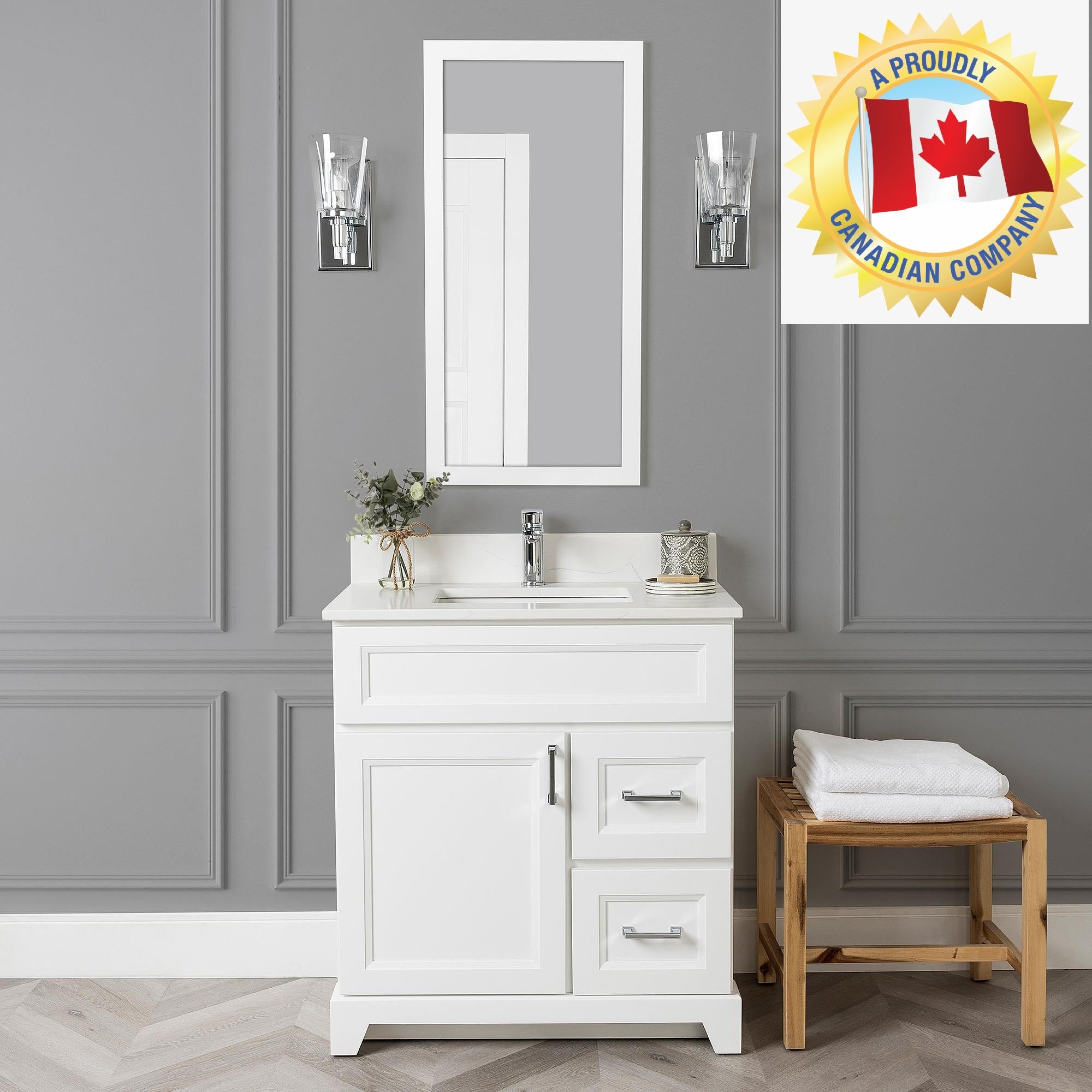 Stonewood 30-Inch Right Side Drawers Solid Wood Canadian Made Bathroom Vanity with Carrara Quartz Countertop (10 Color Options) - Perfect for Modern Bathroom Renovations & Small Space Solutions